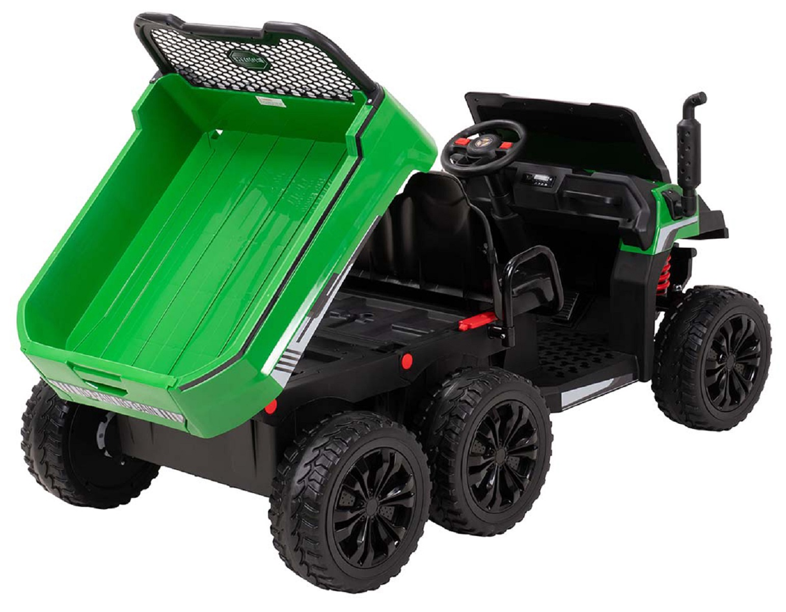 Ein grüner Spielzeug-LKW mit angehobener Ladefläche und schwarzem Fahrgestell. Er hat sechs schwarze Räder.