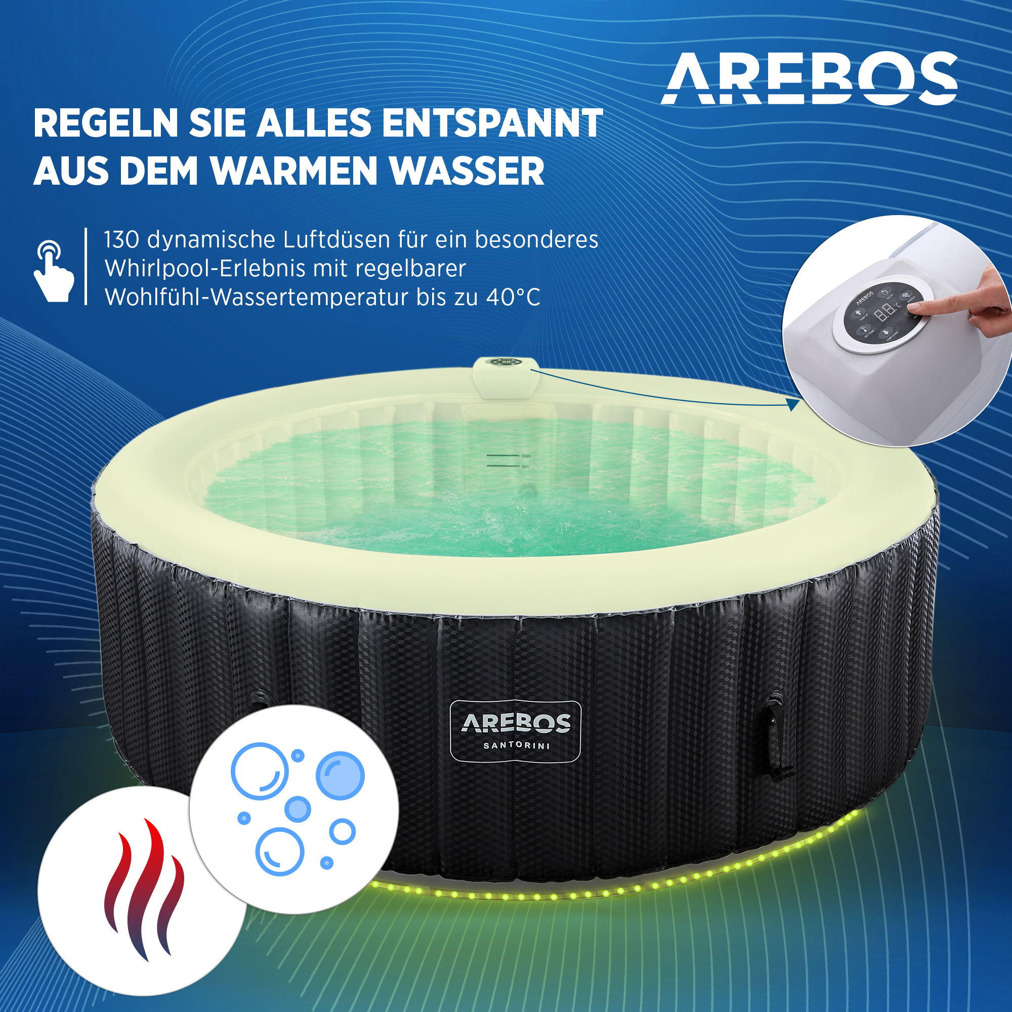 Ein aufblasbarer Whirlpool mit Bedienfeld. Die Wanne ist schwarz und hat eine beige Innenausstattung.