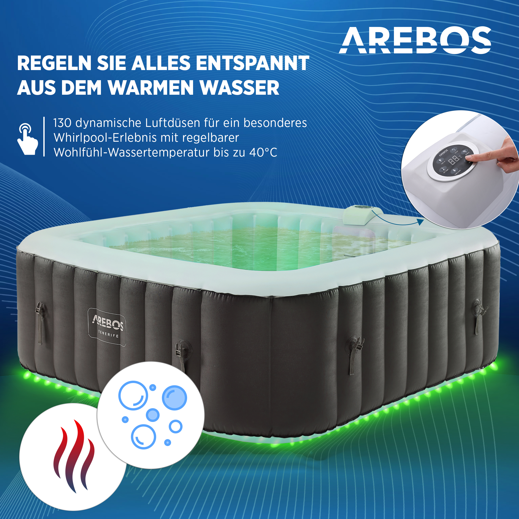 Ein Outdoor-Spa mit weißem Rand und dunkelgrauer Seite. Grüne Lichter sind sichtbar.