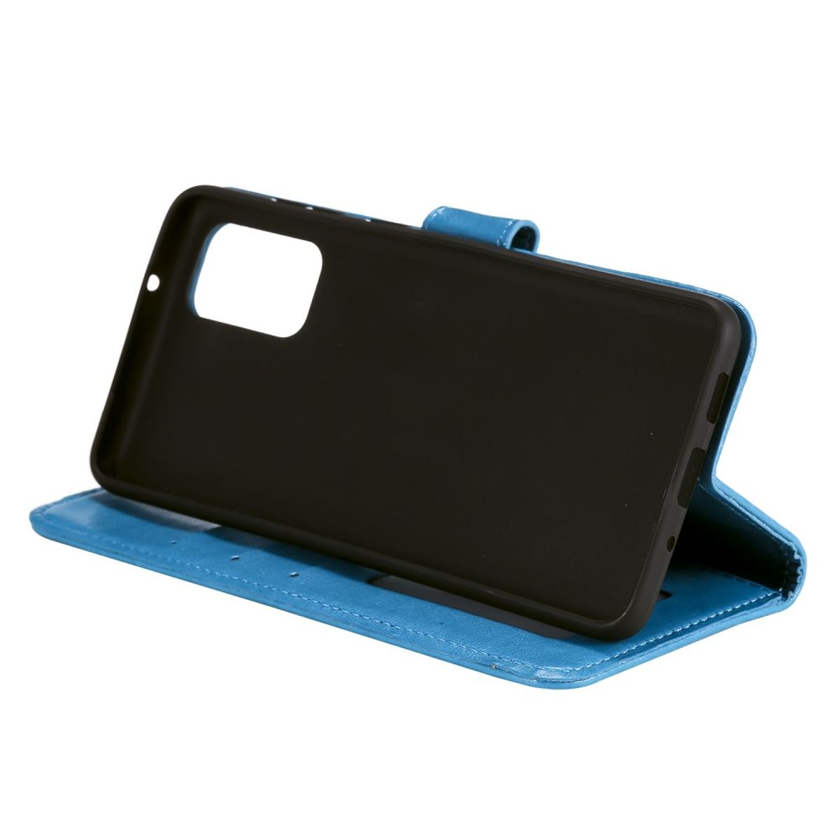 Blaue Handyhülle offen, schwarzes Inneres. Das Telefon ist nicht in der Hülle.
