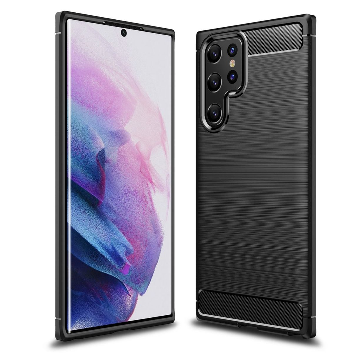 Zwei schwarze Telefonhüllen. Eine zeigt die Bildschirmseite, die andere die Rückseite.