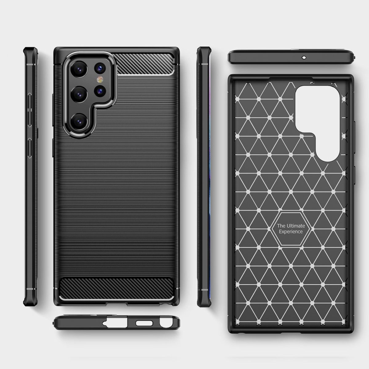 Schwarze Handyhülle mit strukturiertem Design. Die Handyhülle liegt auf weißem Hintergrund.