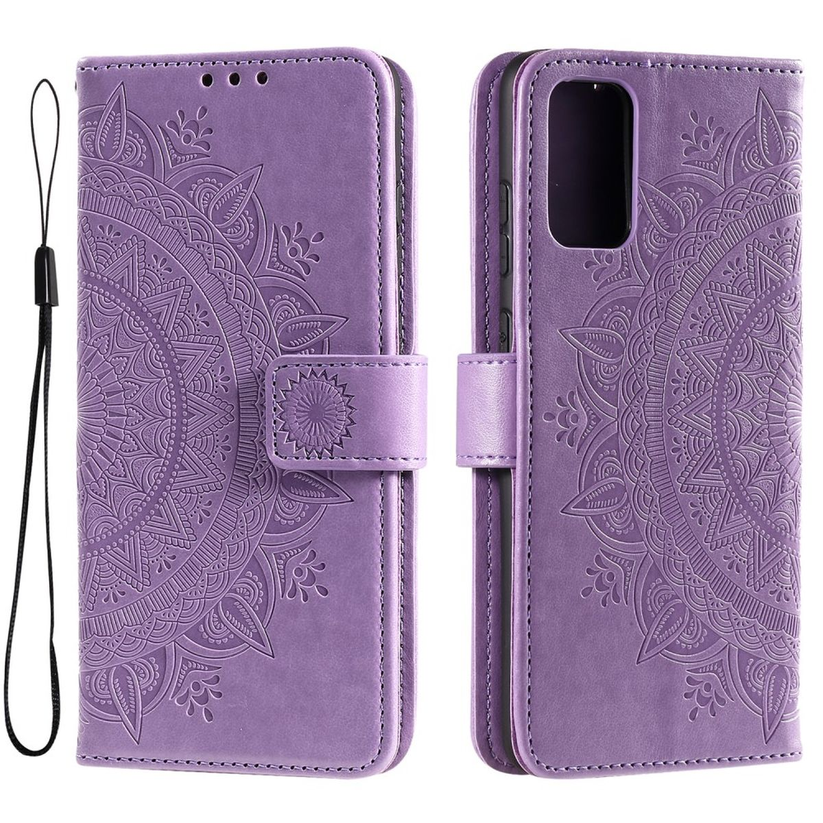 Lila Handyhülle mit Mandala-Design, geschlossen und offen, mit Riemen.