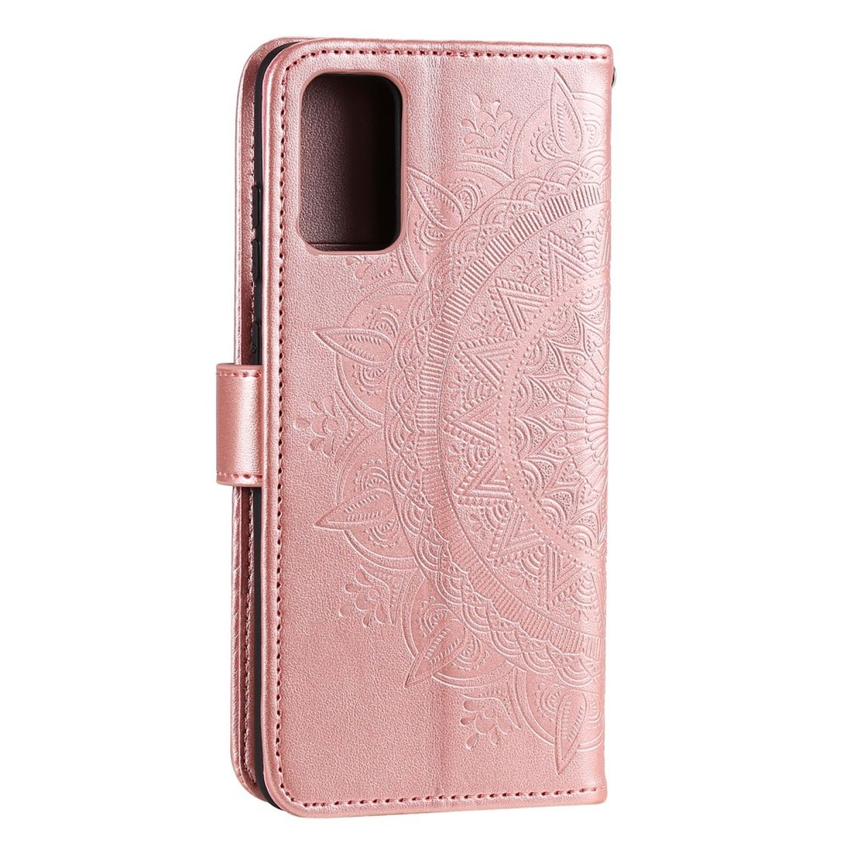 Rosa Handyhülle mit Mandala-Design, geschlossen und mit detailliertem Muster.