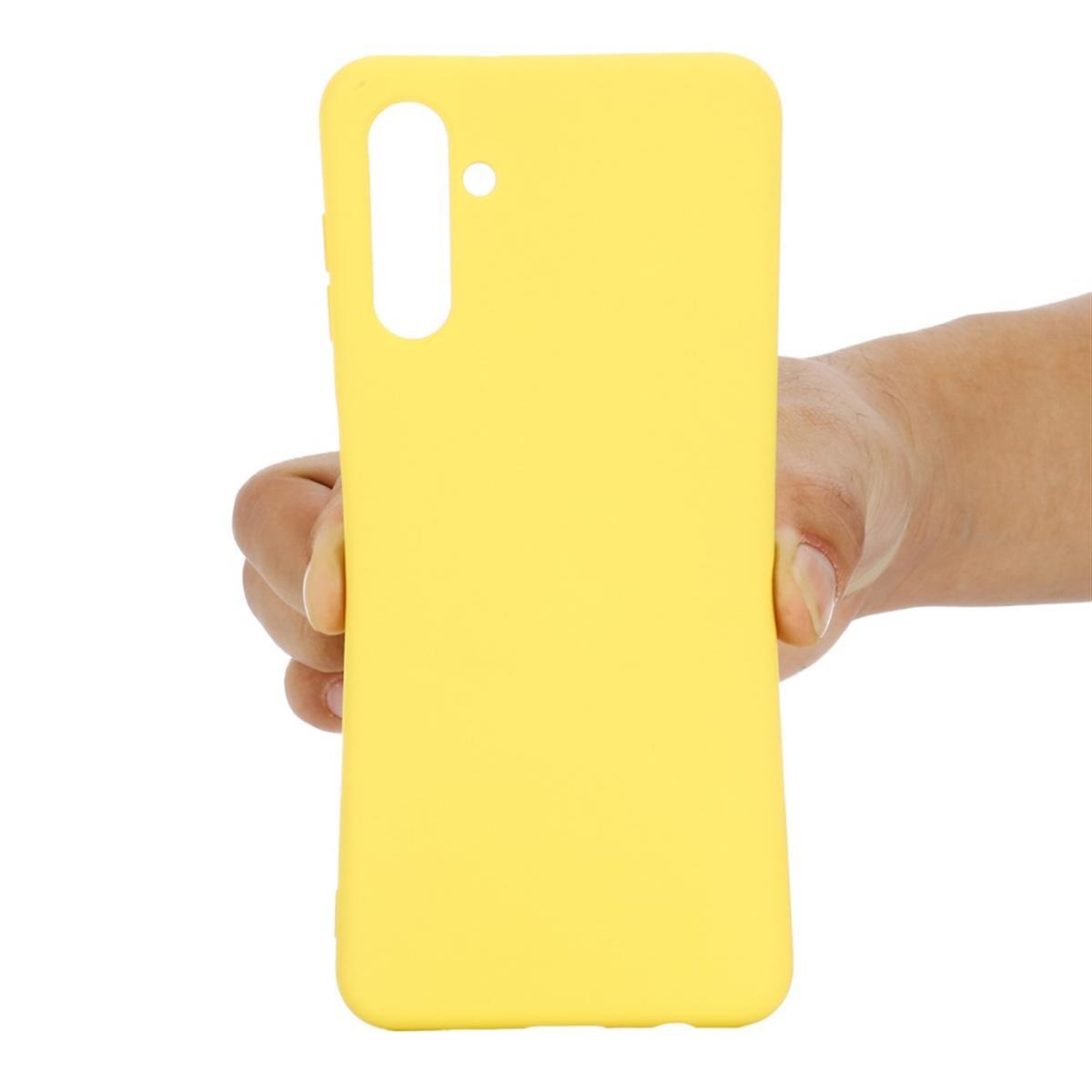 Eine Hand hält eine leuchtend gelbe Handyhülle und zeigt die Rückseite.