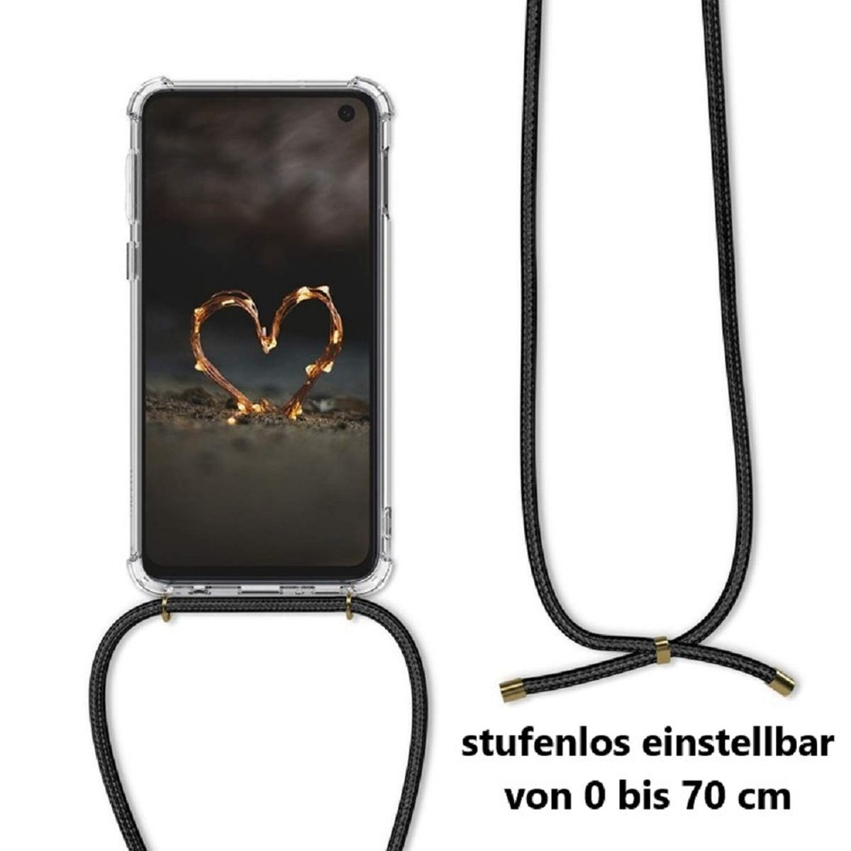 Ein Telefon mit herzförmigem Licht ist an einem schwarzen Riemen befestigt.