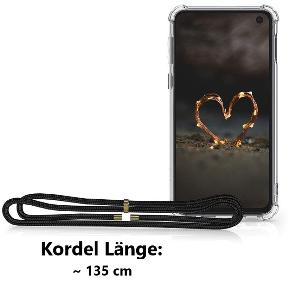 Telefon in klarer Hülle mit schwarzem Kabel. Text: Kordellänge: ~ 135 cm.