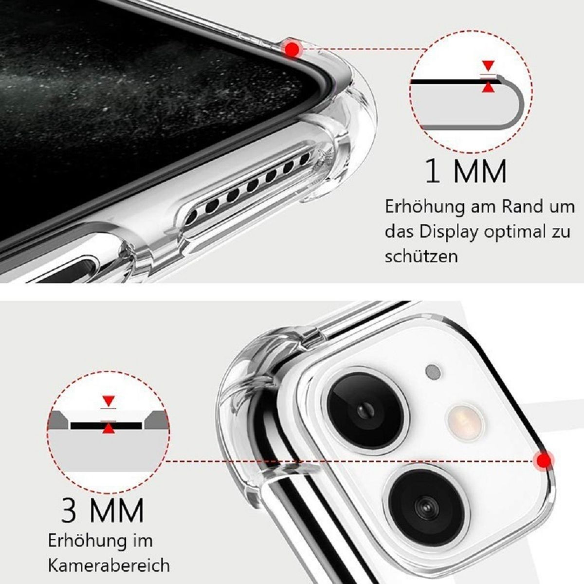 Nahaufnahme einer Handyhülle, transparent mit schwarzem Rahmen. Zeigt 1 mm und 3 mm Höhe um Display und Kamera.