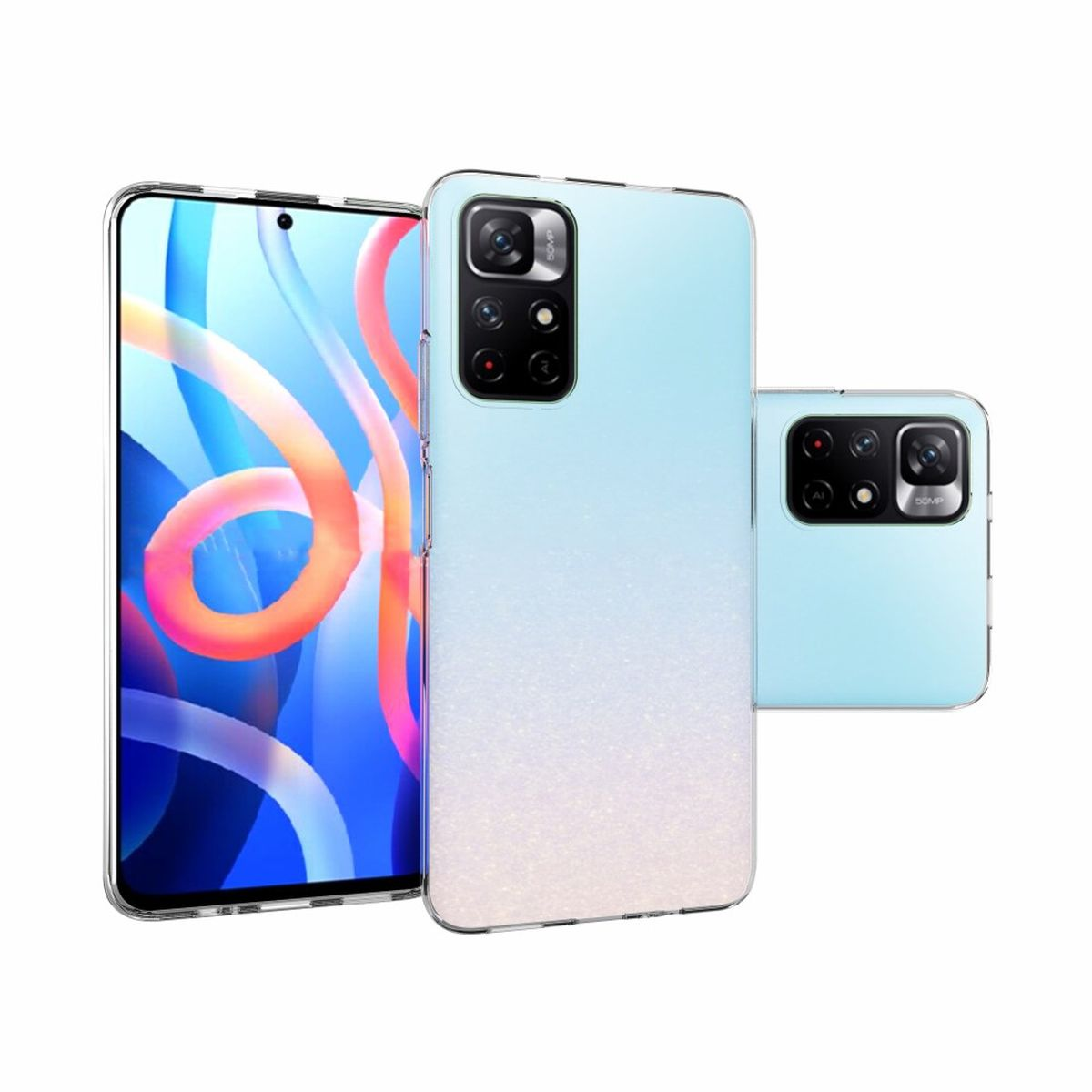 Telefon und zwei Handyhüllen. Eine Hülle zeigt den Telefonbildschirm.