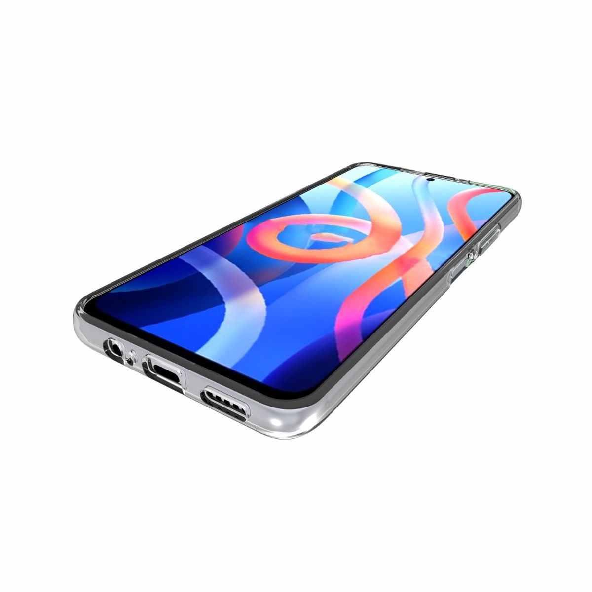 Ein nach oben abgewinkeltes Telefon mit blauem Hintergrund und orangefarbenen Streifen auf dem Bildschirm.