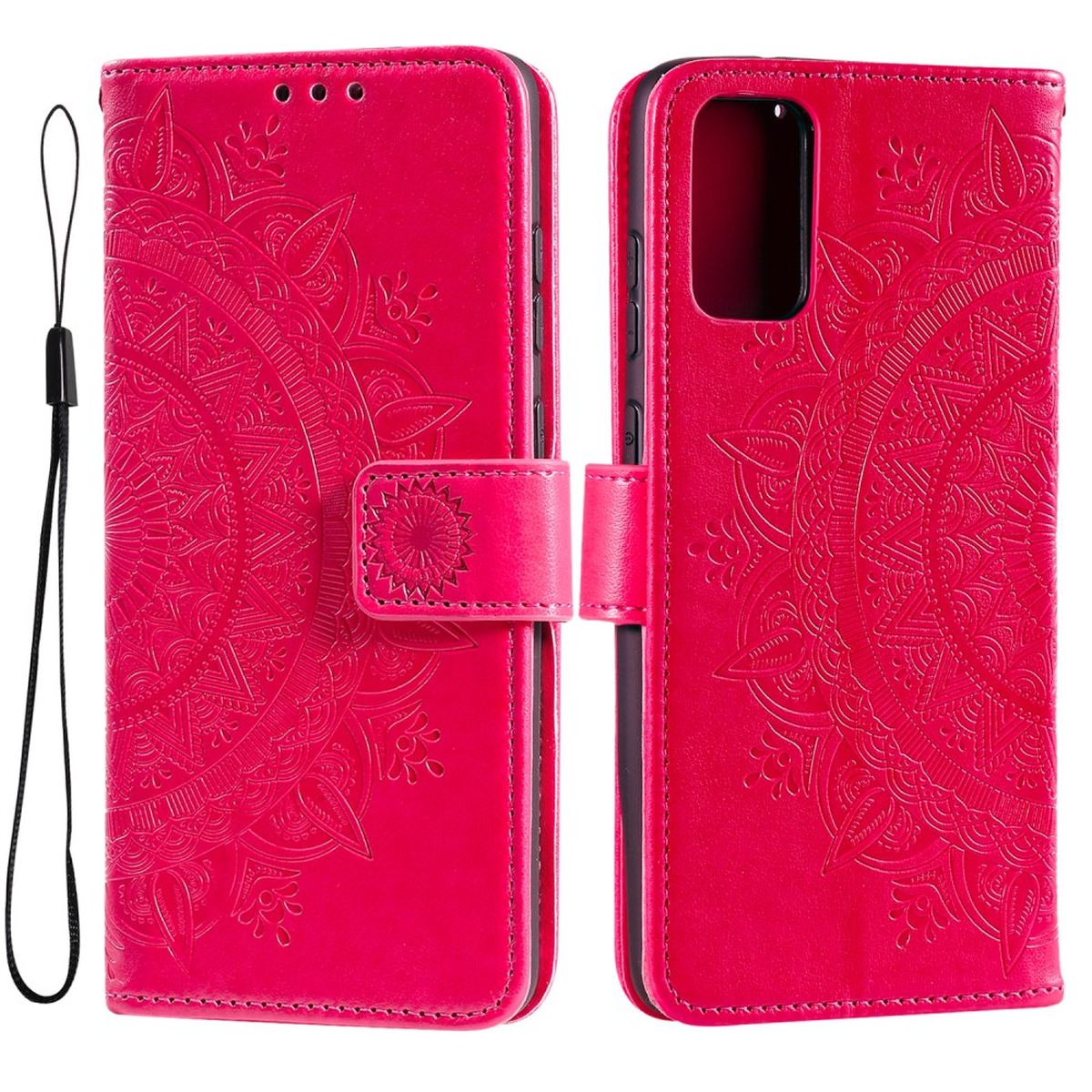 Eine rosa Handyhülle in offener Position mit Mandala-Muster, isoliert auf Weiß.