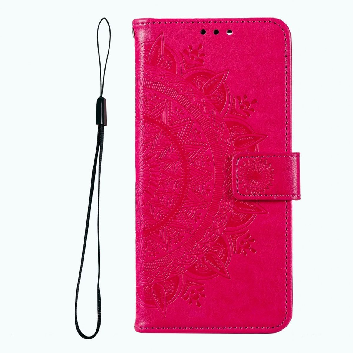 Eine rosa Handyhülle mit Mandala-Design und einem schwarzen Lanyard.