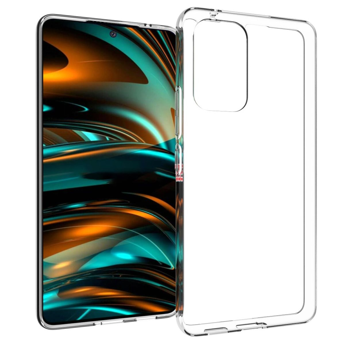Transparente Handyhülle mit einem Telefon darin, das das Design des Telefons und einen lebendigen, abstrakten Hintergrund zeigt.
