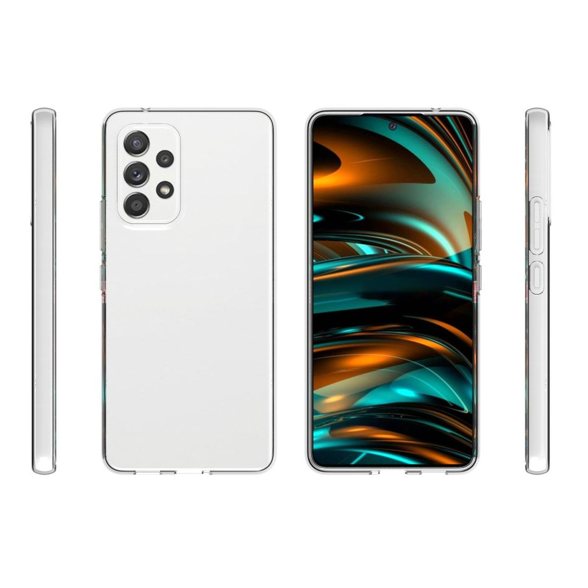 Weiße Handyhülle, Vorder-, Rück- und Seitenansicht. Das Telefon ist im Inneren sichtbar.