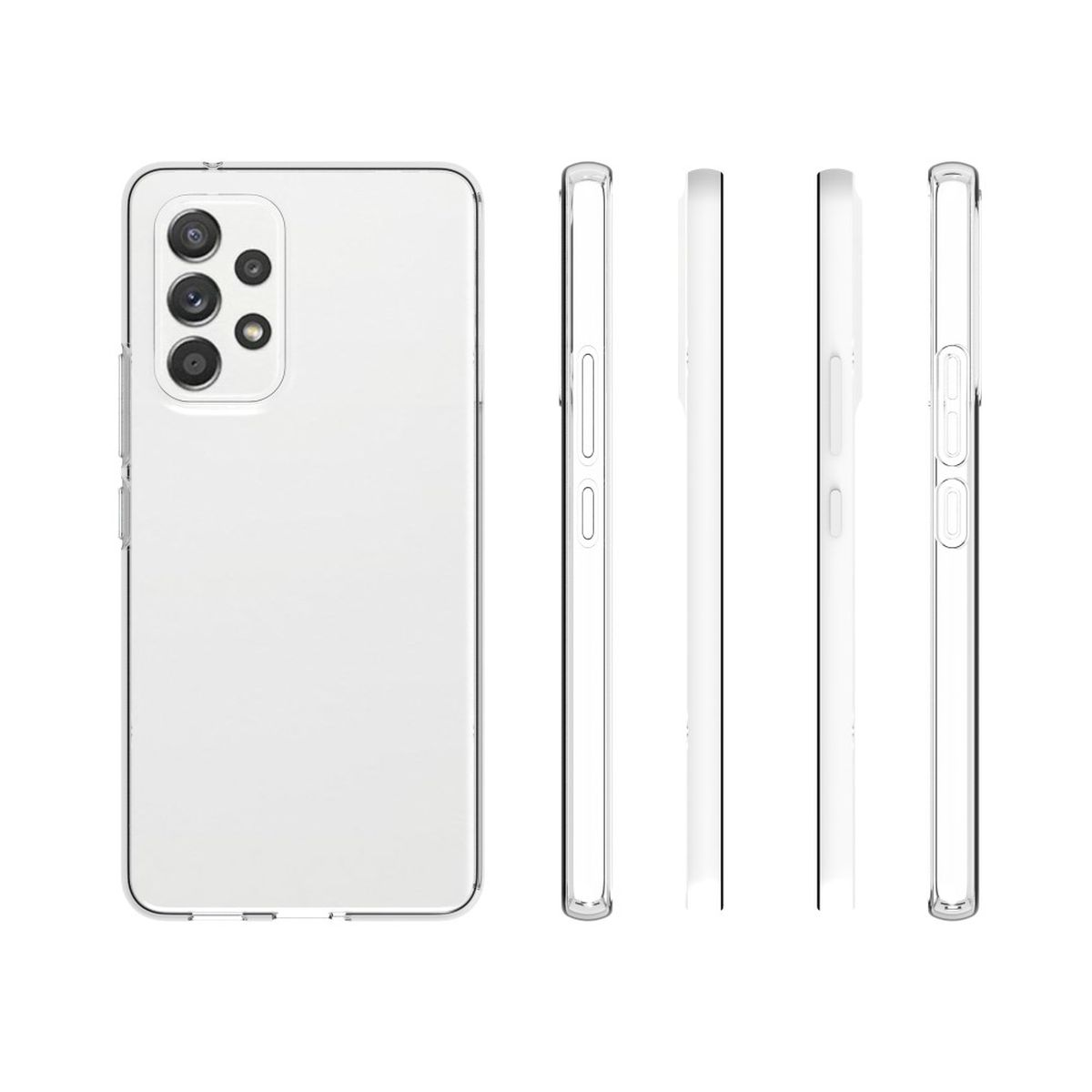 Eine transparente Handyhülle wird aus verschiedenen Winkeln gezeigt. Die Hülle ist durchsichtig und passt zu einem Telefon.
