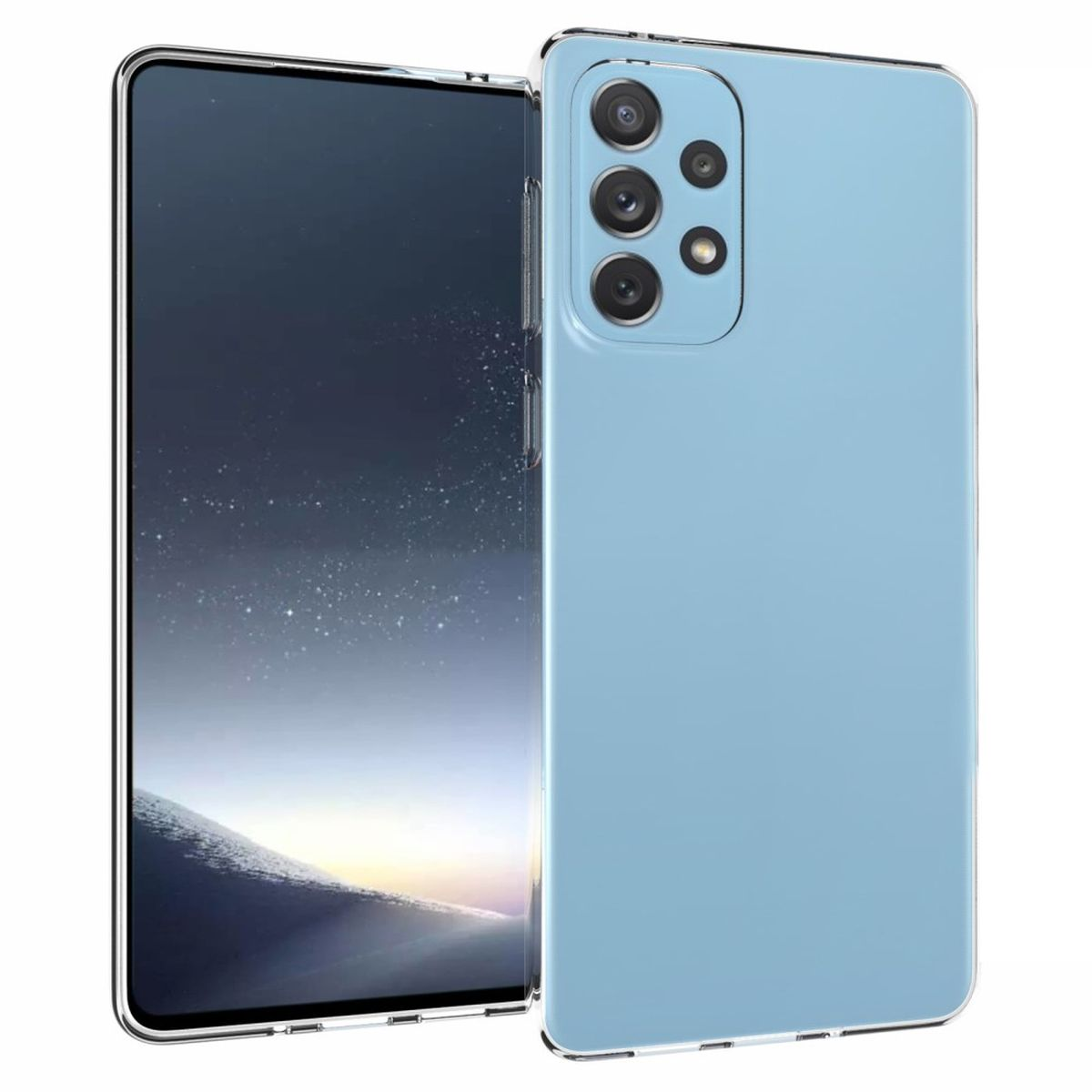 Telefon mit klarer Hülle. Das Telefon ist hellblau. Es wird neben einem Gerät mit Bildschirm gezeigt.