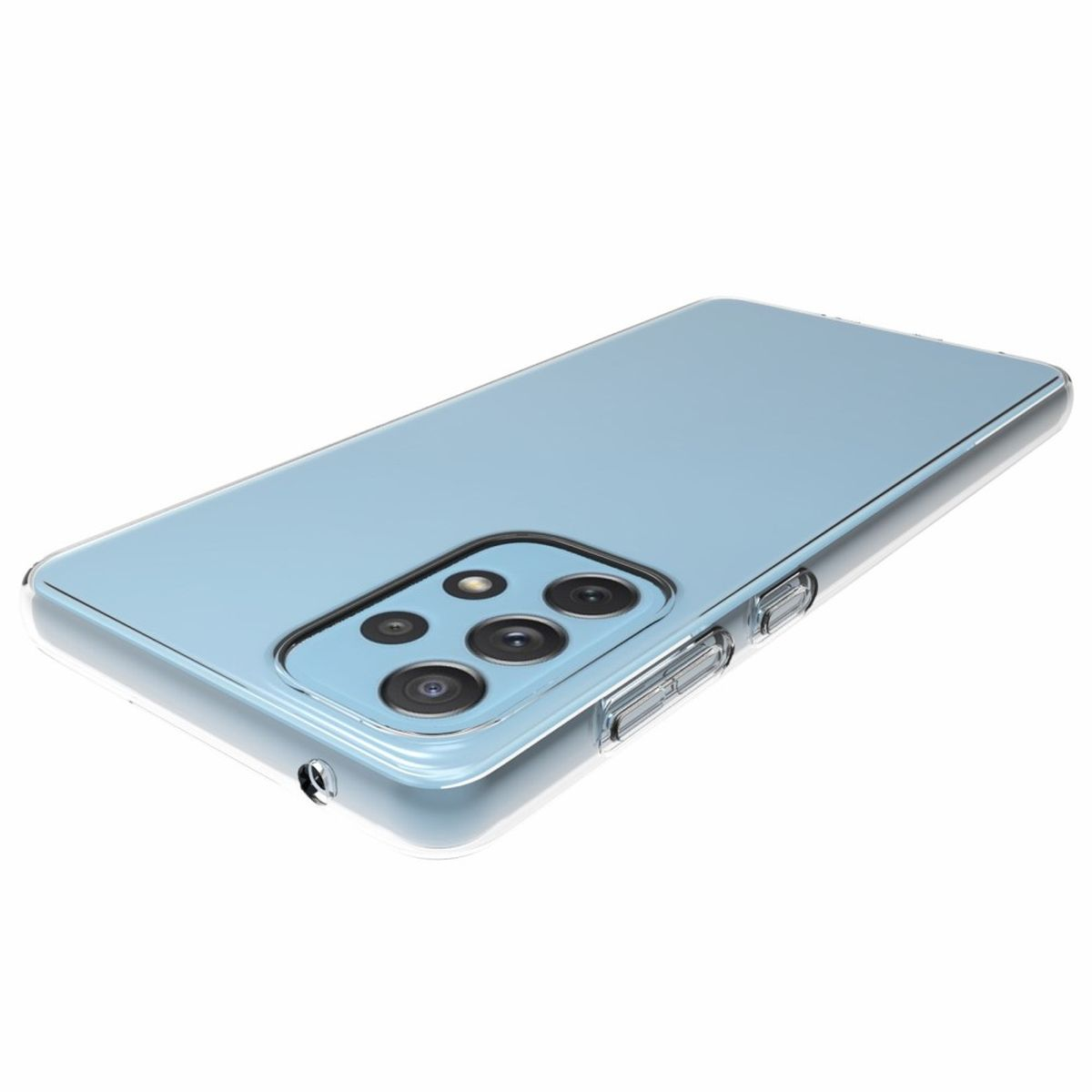 Eine blaue Handyhülle mit transparentem Rahmen, die Kamera und Tasten des Telefons zeigt.