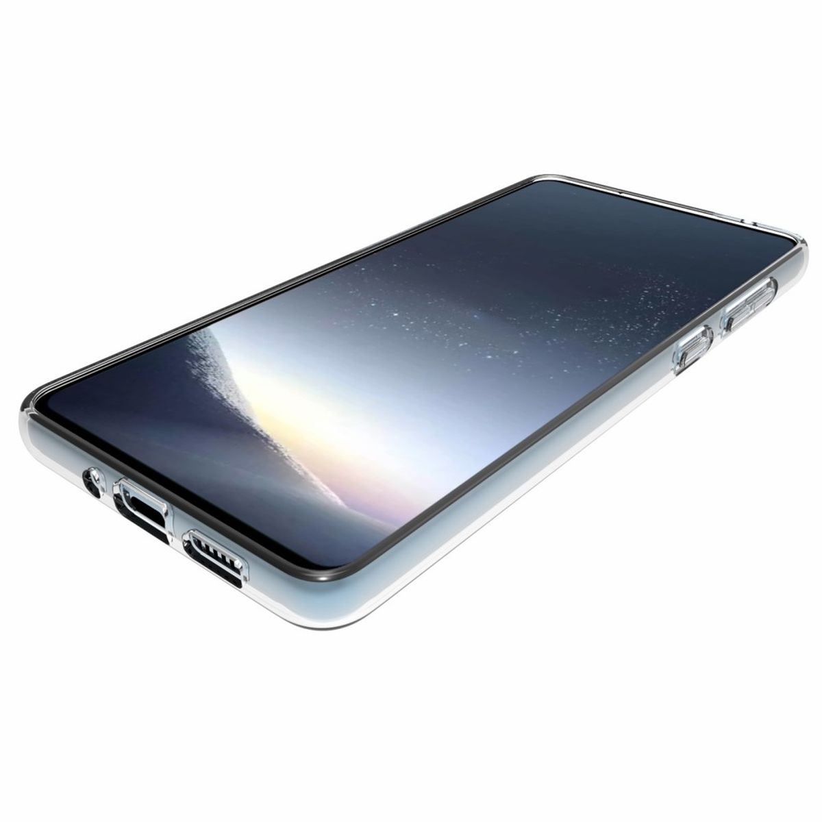 Transparente Handyhülle, mit dem Telefon darin, schräge Ansicht.