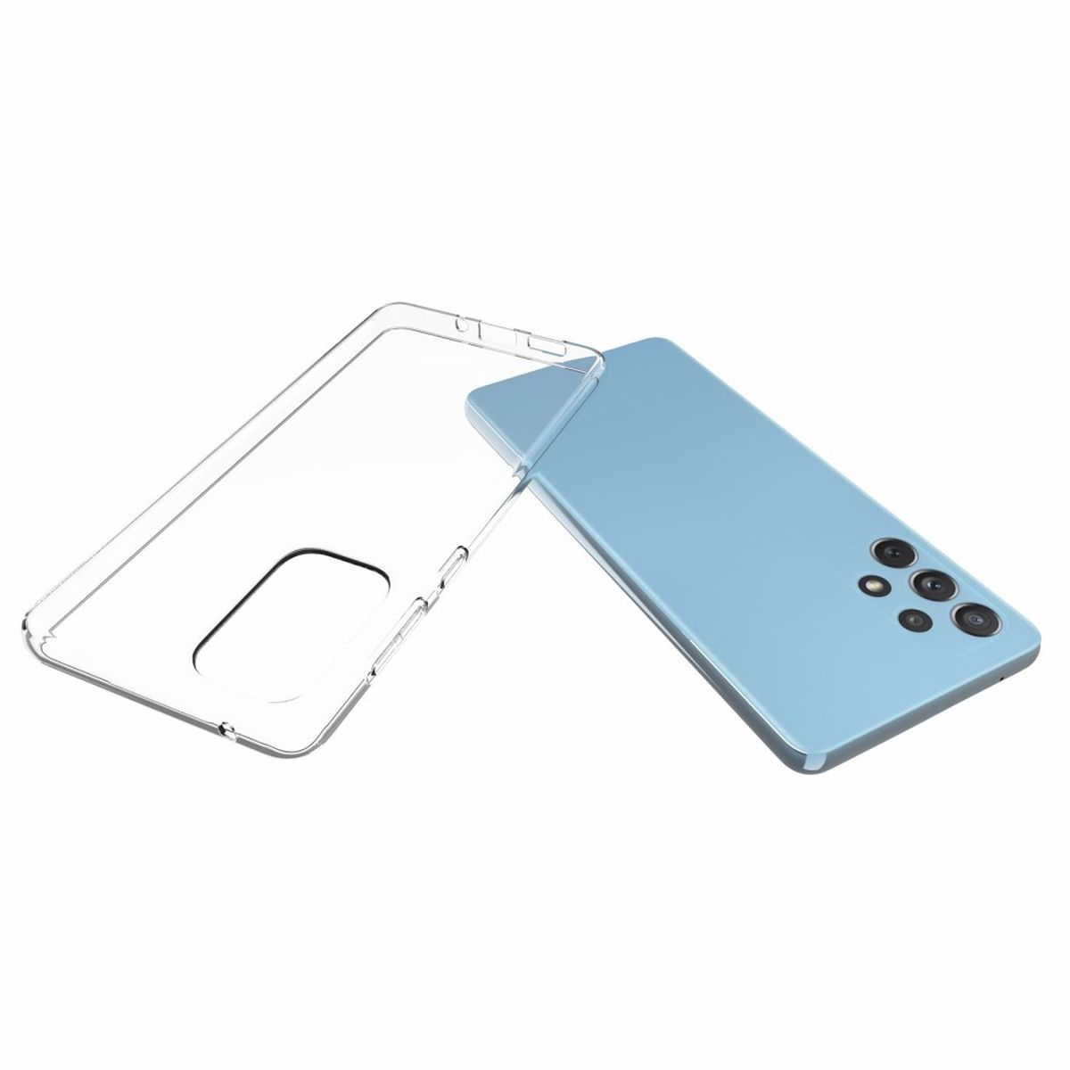 Eine transparente Handyhülle neben einem hellblauen Telefon. Das Telefon hat mehrere Kameras. Der Hintergrund ist weiß.