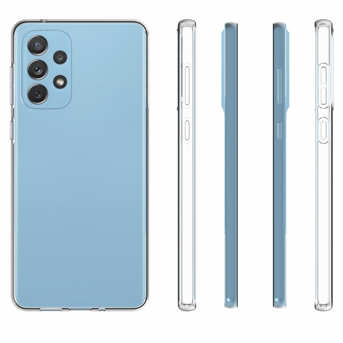 Hellblaues Telefon mit mehreren Ansichten, einschließlich Rückseite, Seiten und Vorderseite.