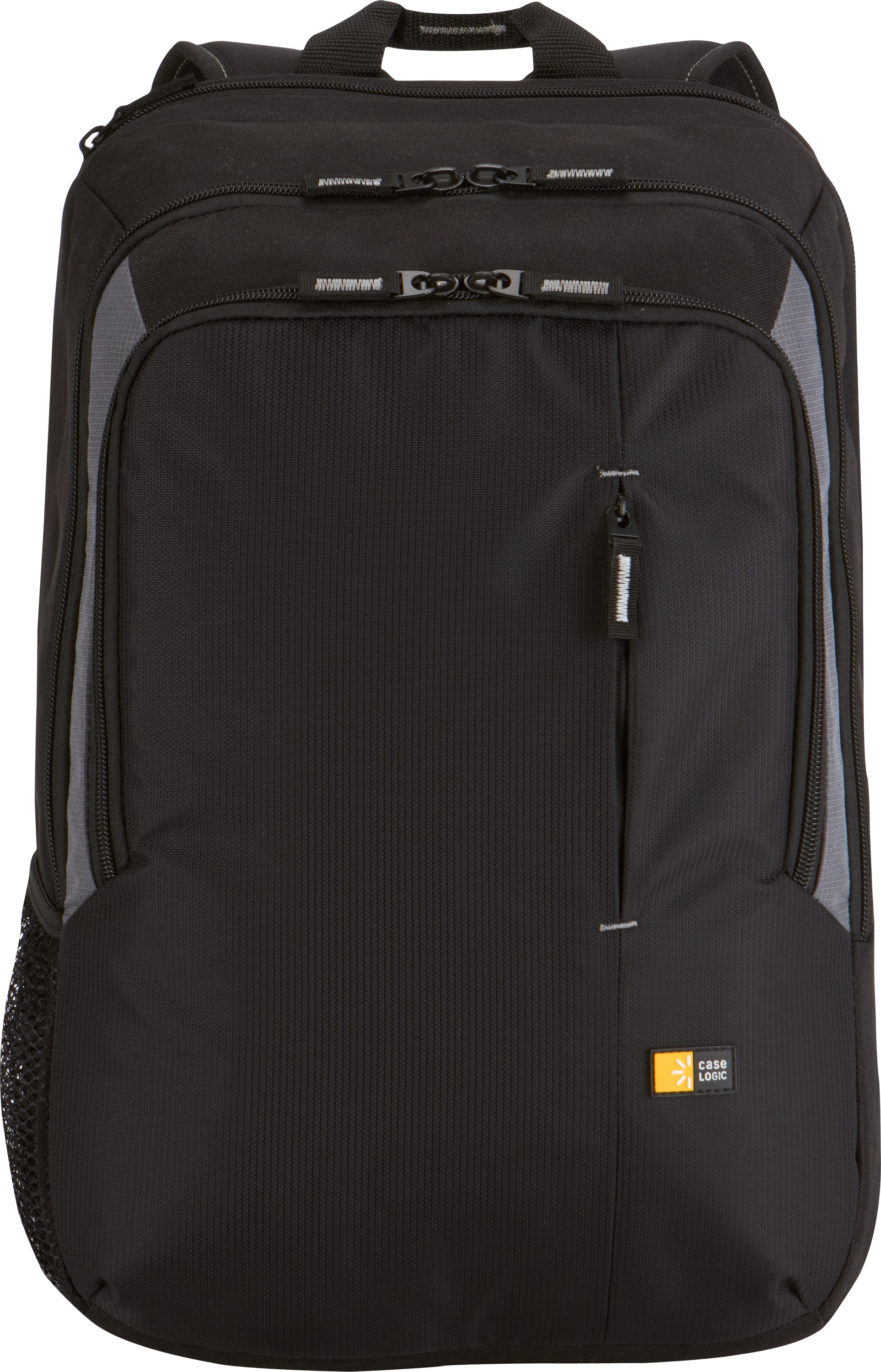 Ein schwarzer Rucksack mit strukturierter Vorderseite und grauen Akzenten. Er hat mehrere Taschen und ein Case Logic-Logo.