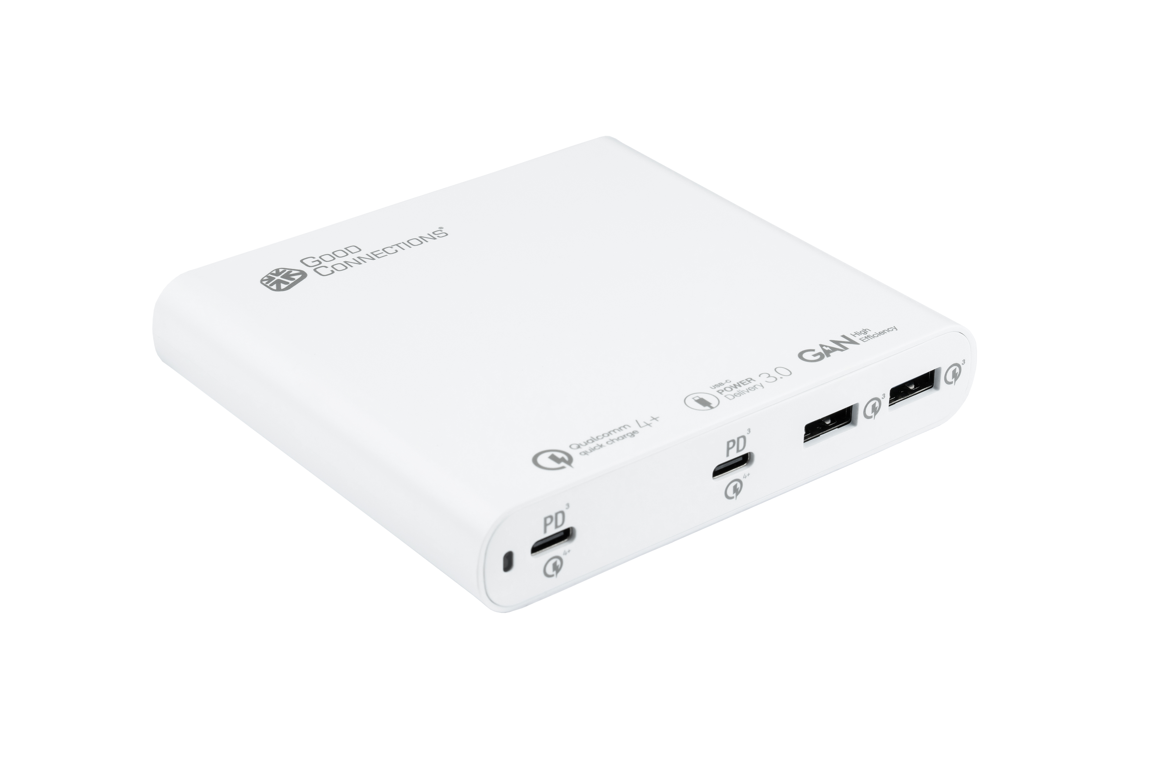 GOOD CONNECTIONS USB-Desktop-Schnellladestation Schnellladestation (2x 4+, Apple Huawei, 3.0,QC 120W GaN-Techn,4-Port Samsung USB-A),PD Weiß , 2x weiß mit uvm., USB-C™ und