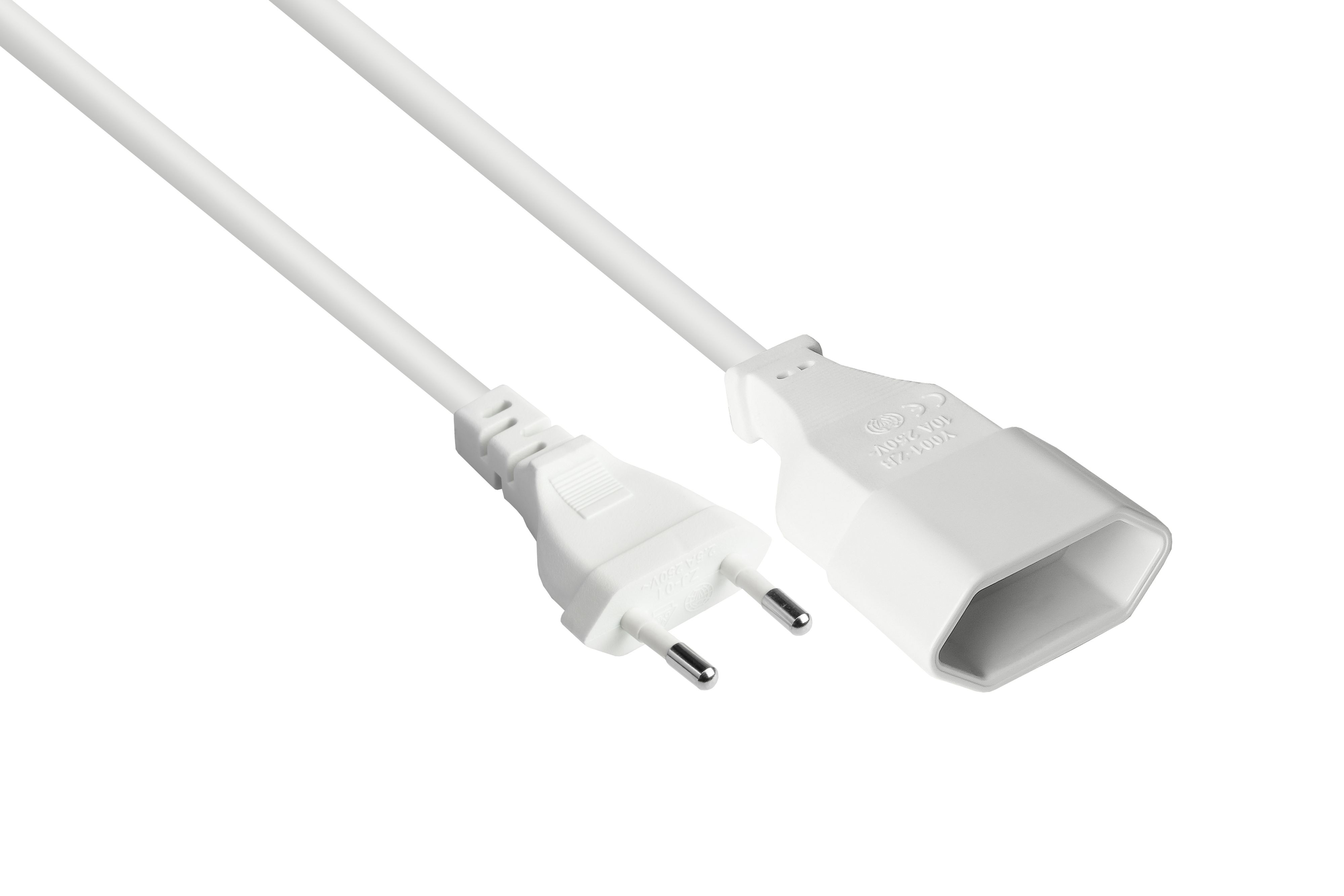 Weißes Netzkabel mit Stecker an jedem Ende, weißer Hintergrund.
