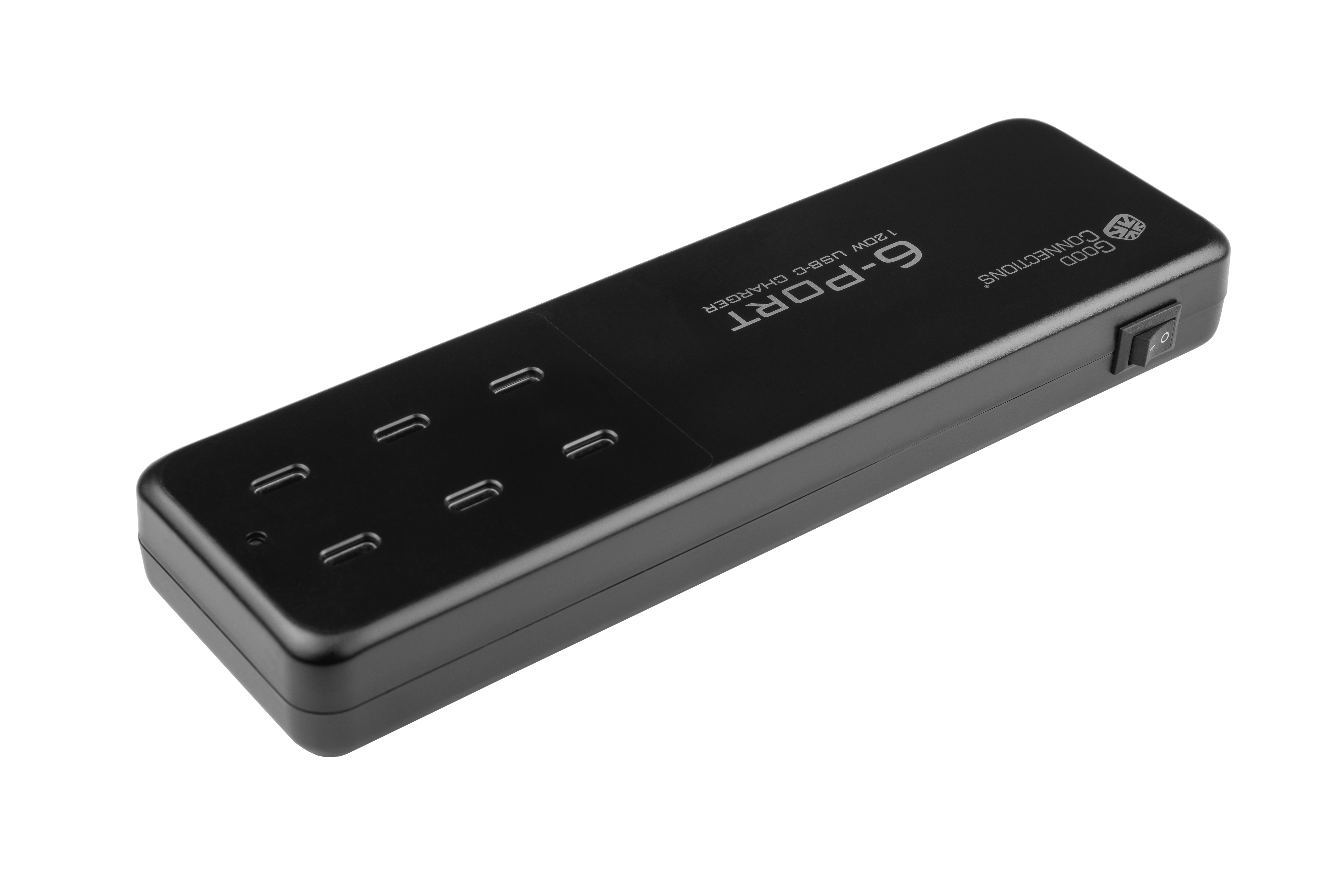Ein schwarzes 6-Port USB-C-Ladegerät mit Netzschalter auf weißem Hintergrund.