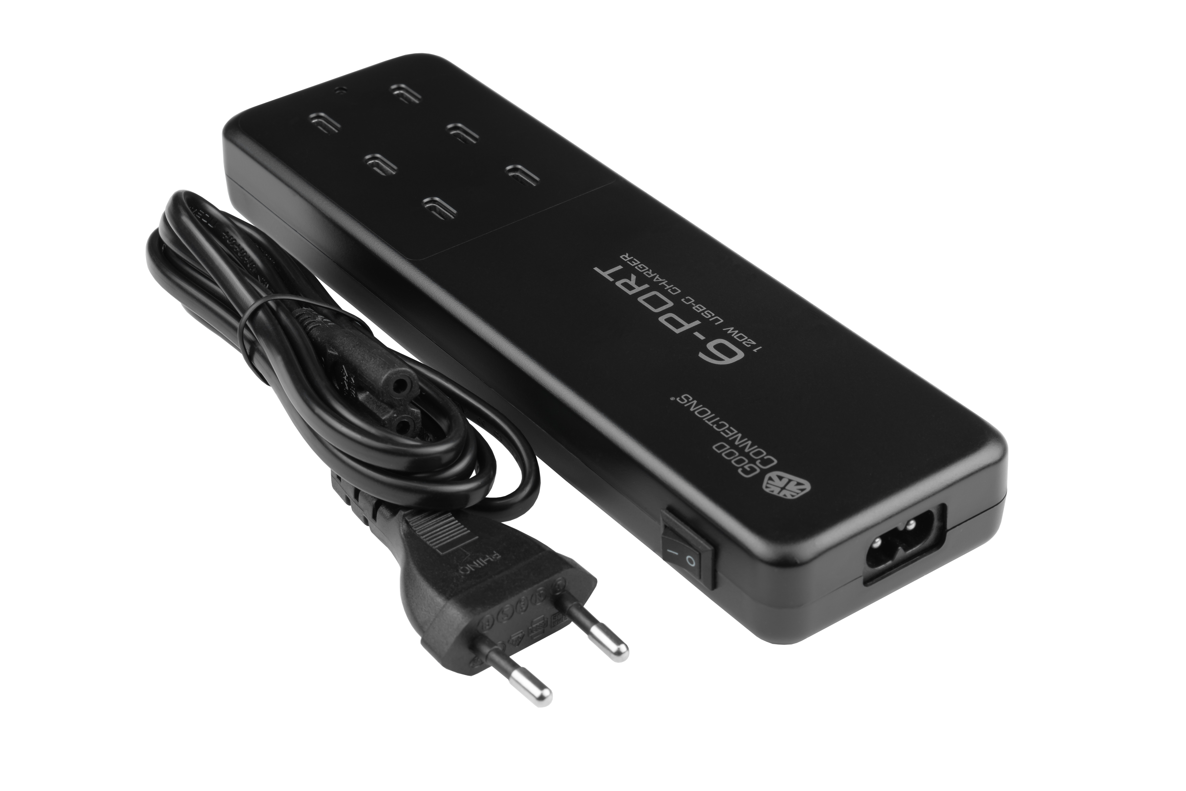 Schwarzes 6-PORT USB-C-Ladegerät mit Netzkabel, beschriftet mit "6-PORT" und "12W USB-C CHARGER".