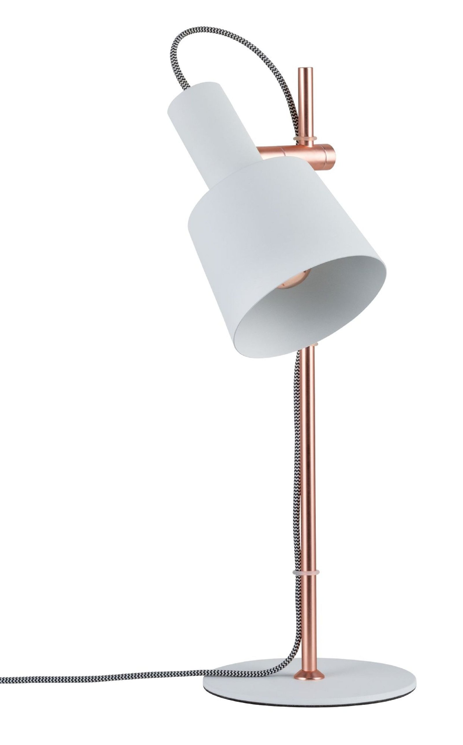 Lampada bianca con stelo in rame e paralume bianco. Cavo bianco e nero.