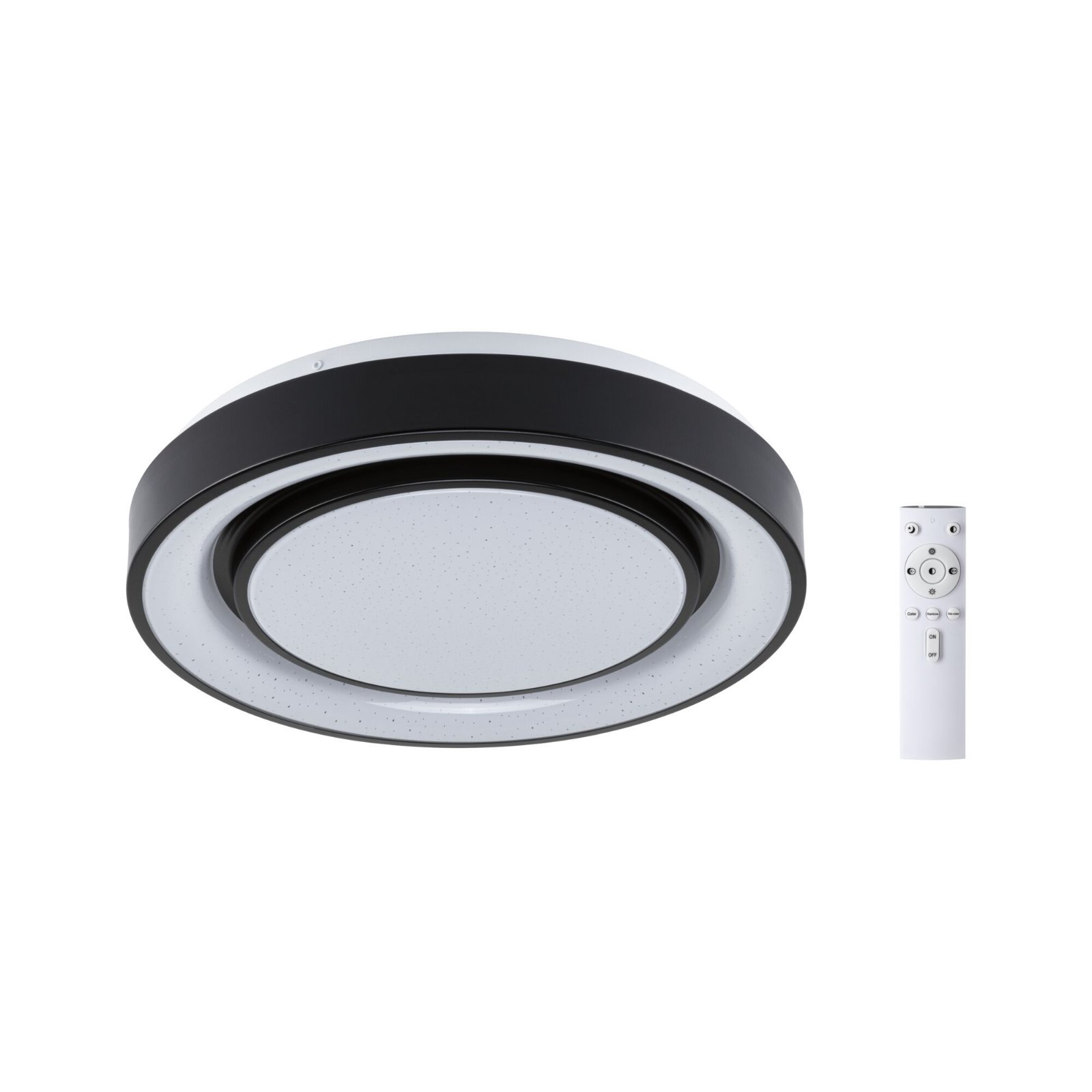 Lampe de plafond ronde blanche et noire avec une télécommande blanche.