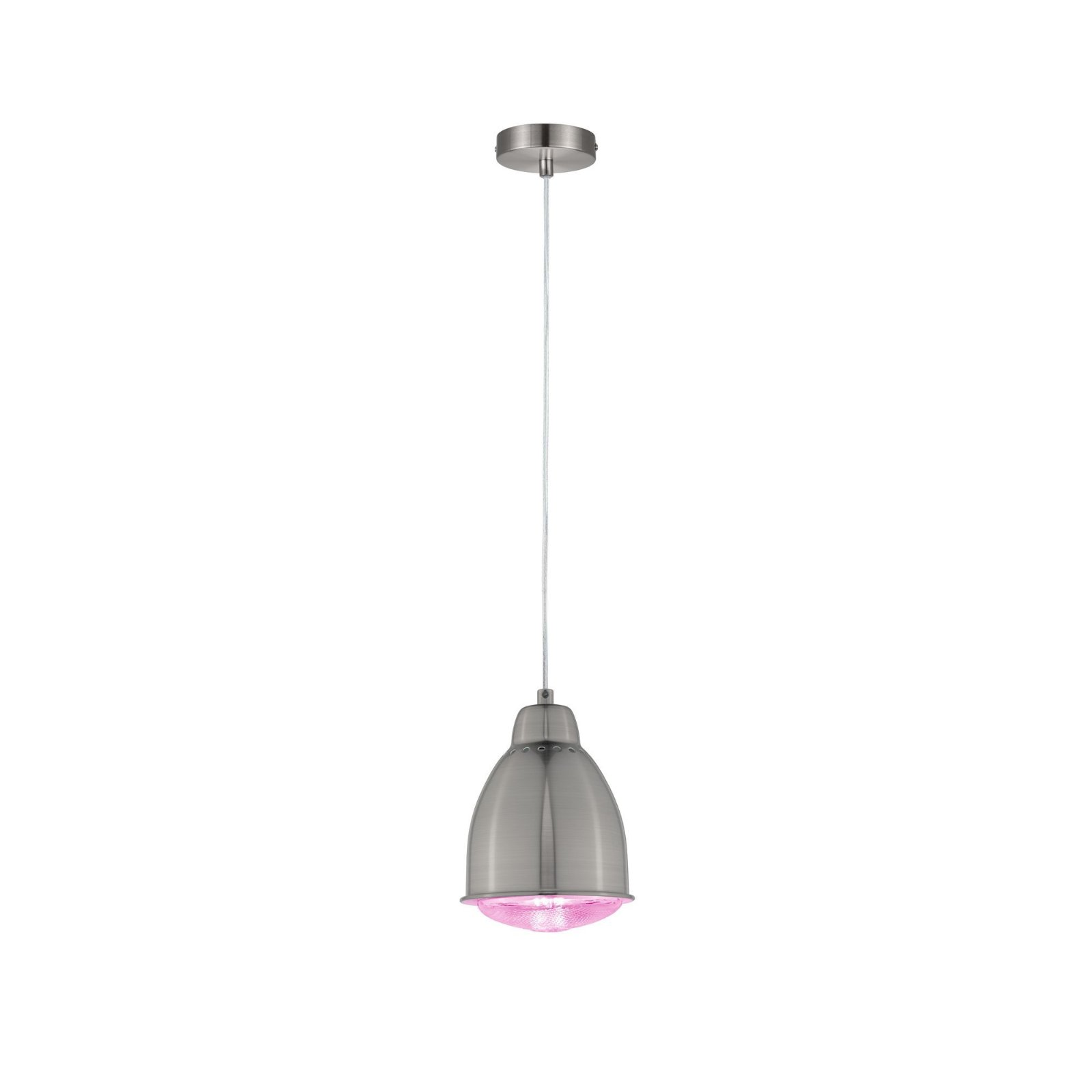 Lampada a sospensione argentata con una luce interna rosa, appesa al soffitto.
