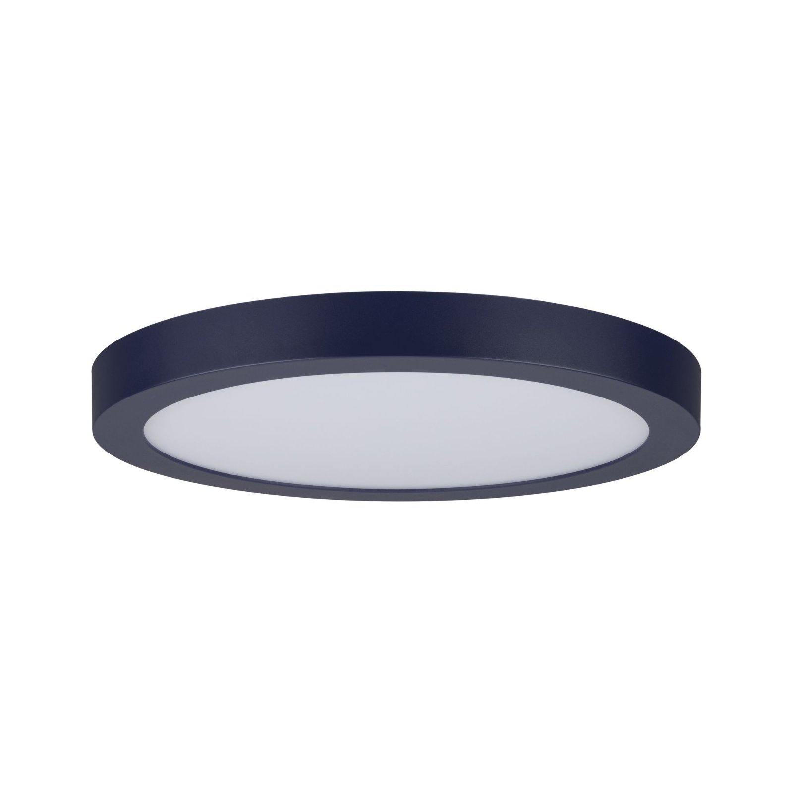 Un plafonnier rond. Il est bleu marine avec une lumière blanche au centre.