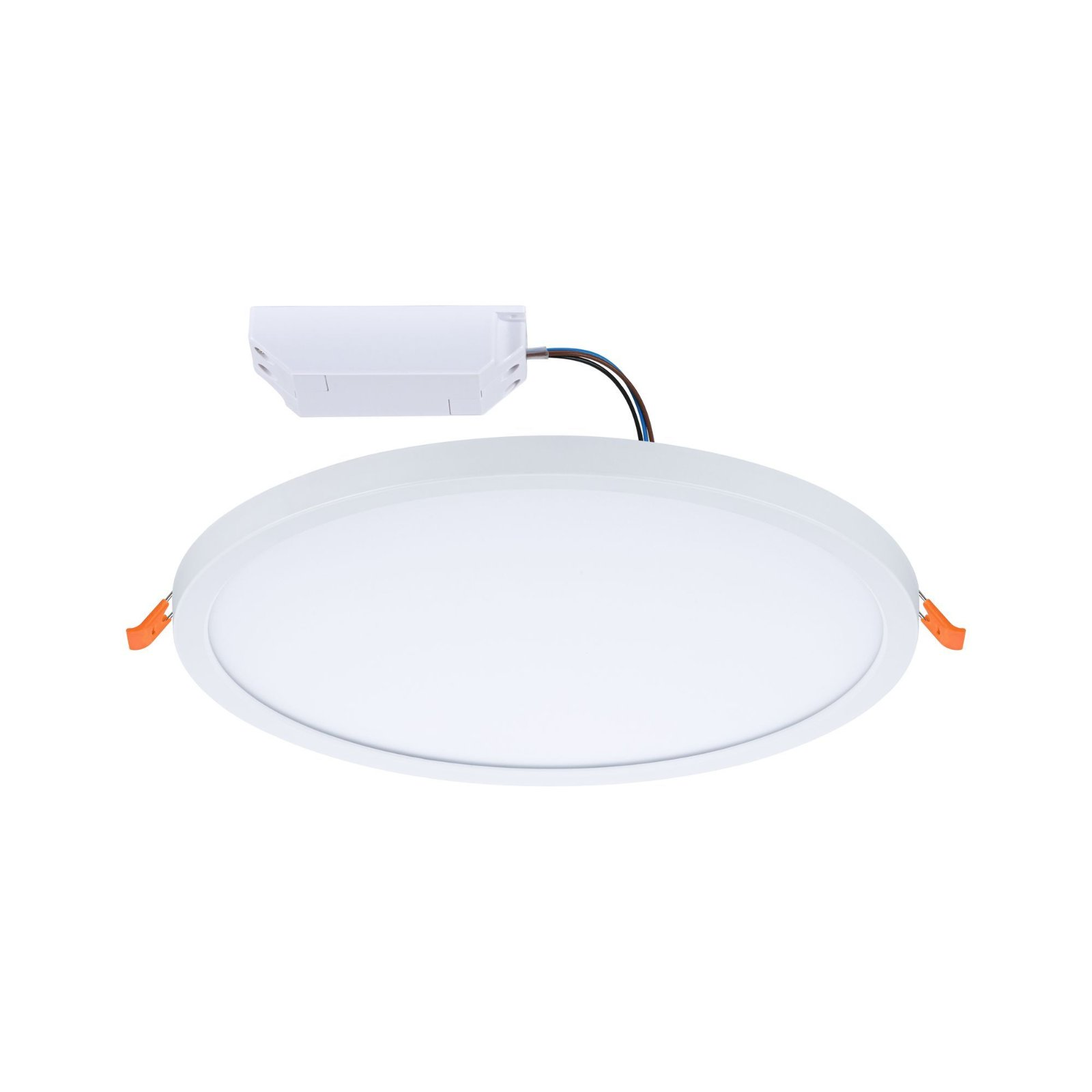 Weißes kreisförmiges LED-Panel-Licht mit einer kleinen weißen Box und orangefarbenen Clips.