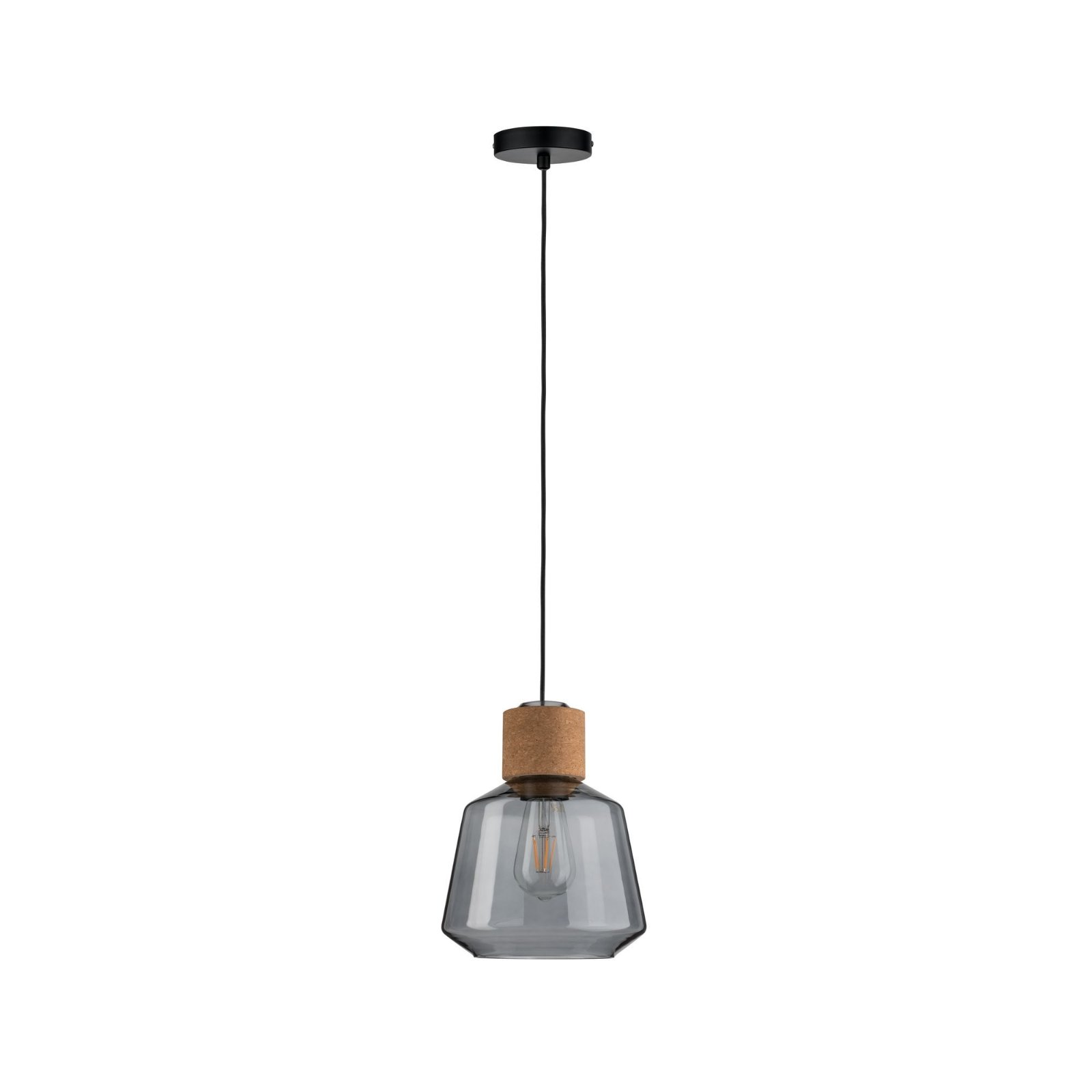 Pendelleuchte mit Korkdetail und Glasschirm. Schwarzes Kabel und Deckenhalterung.