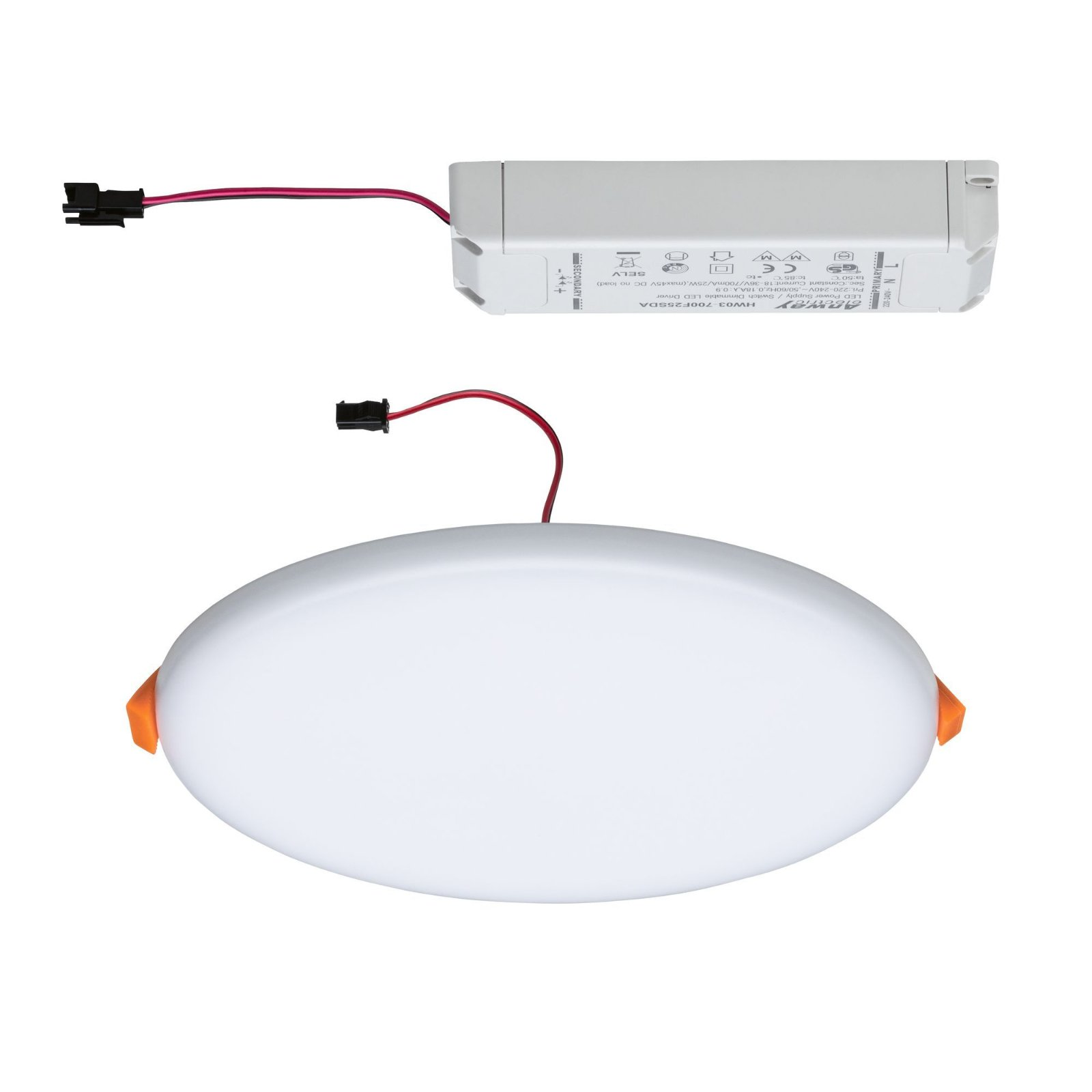 Faretto bianco ad incasso con alimentatore separato, su sfondo bianco.