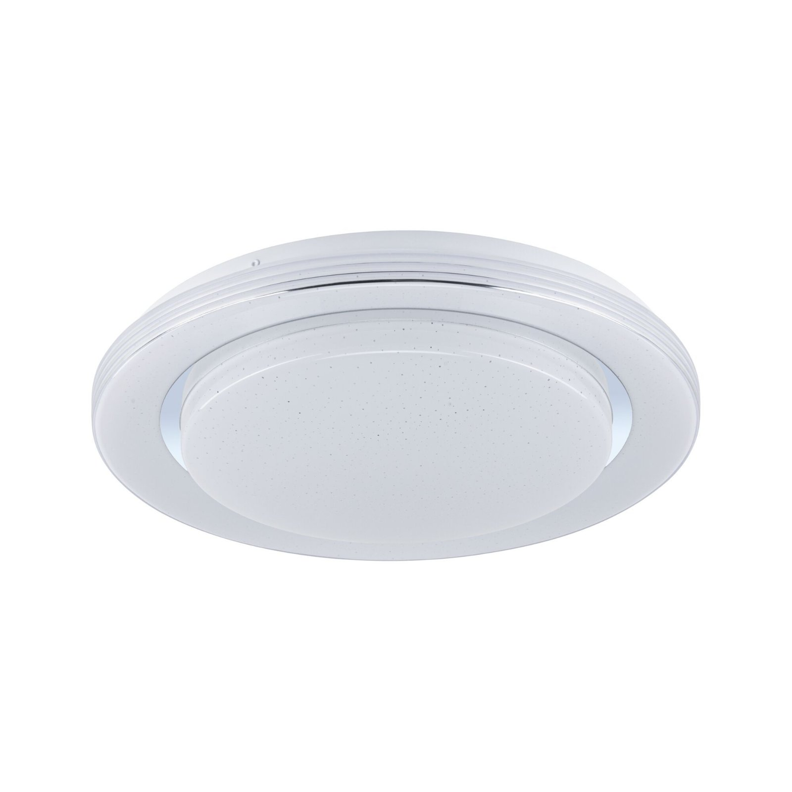 Lampada da soffitto bianca con anello argentato metallico. Ha una forma rotonda.