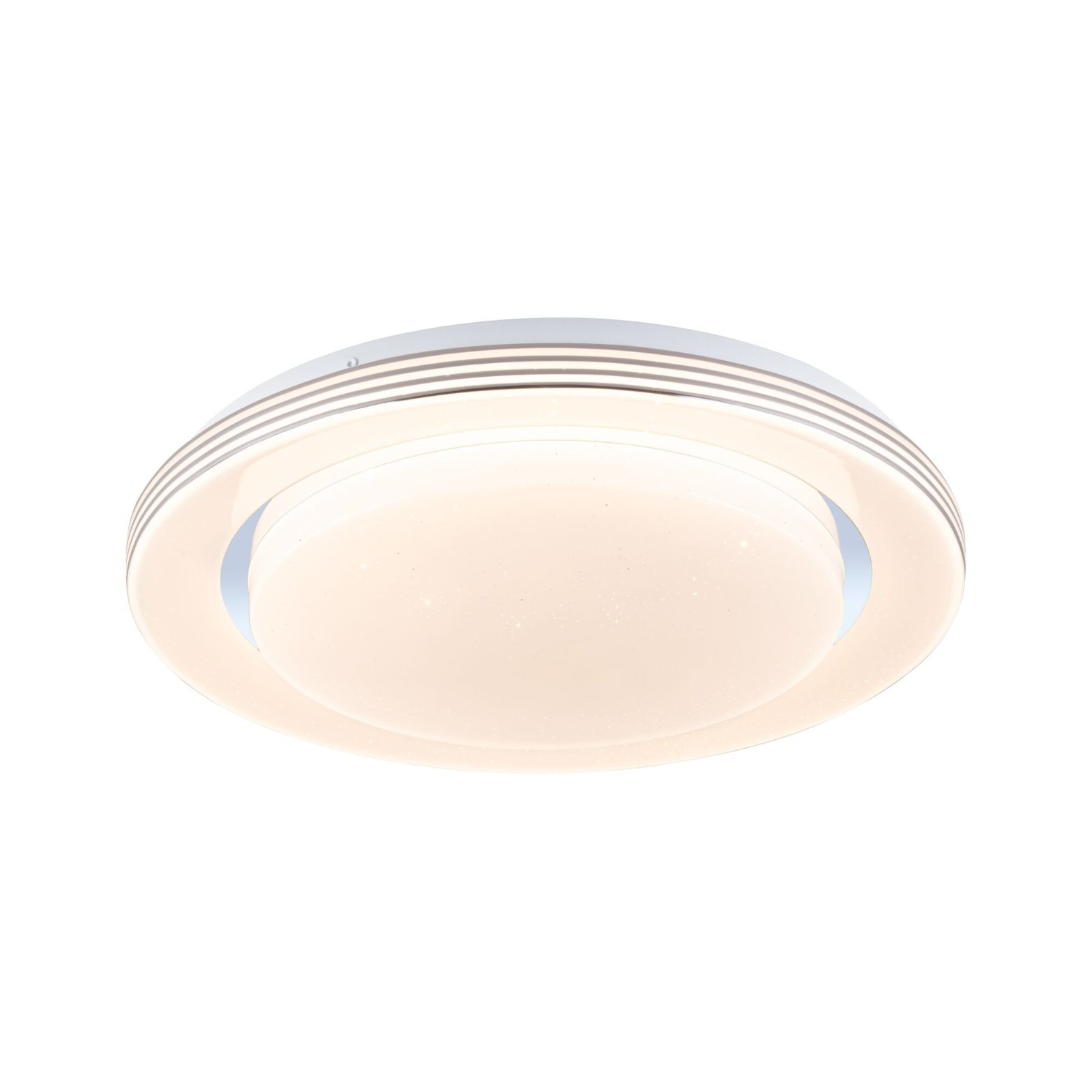Plafoniera bianca, rotonda, con cerchi concentrici e pannello centrale illuminato.
