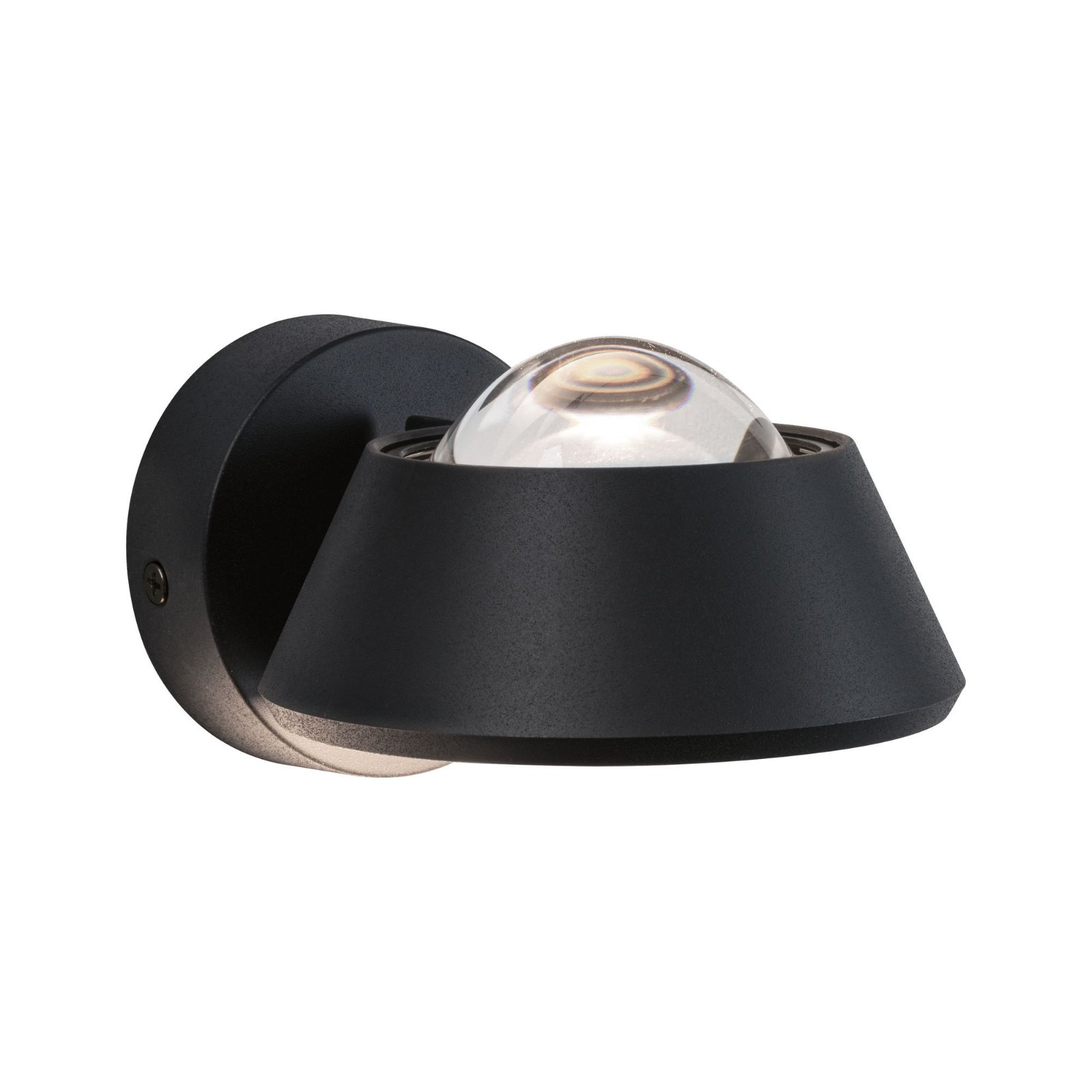 Czarna lampa ścienna ze szklaną osłoną, widok z boku, białe tło.