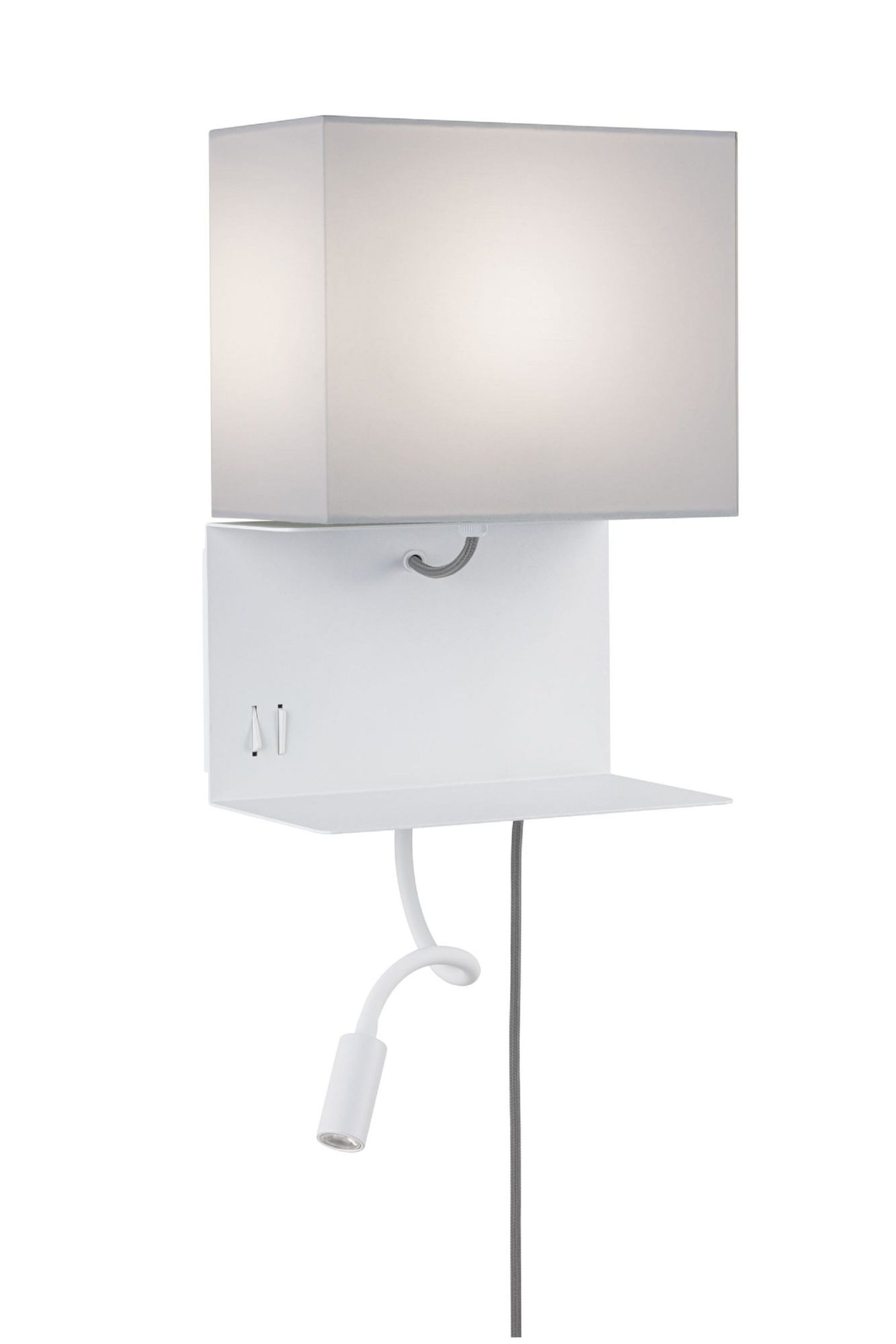 Eine weiße Wandleuchte mit rechteckigem Lampenschirm und flexiblem Licht, isoliert auf weißem Hintergrund.