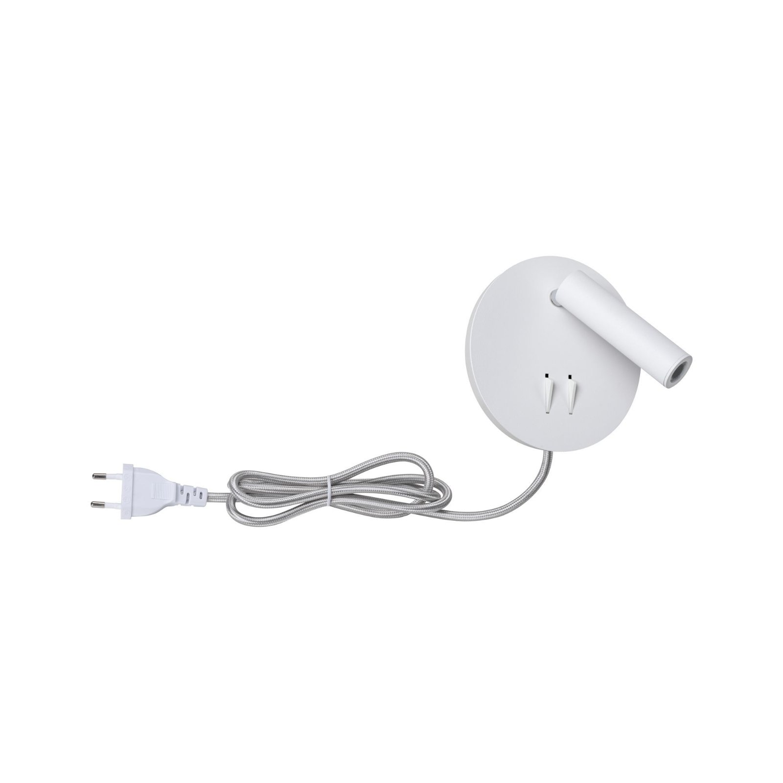 Ein weißer, moderner LED-Strahler mit flexiblem Arm und silbernem Kabel, vor einem schlichten weißen Hintergrund.