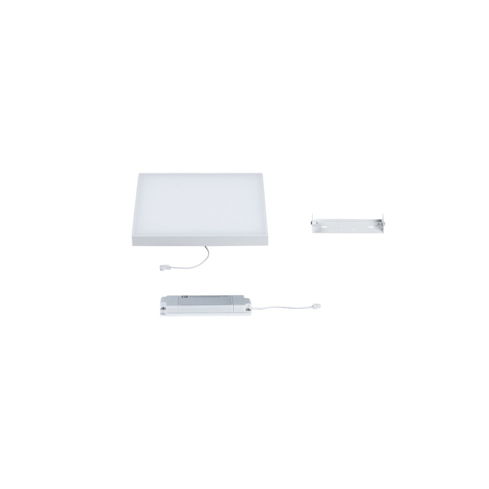 Biały panel LED z zasilaczem i wspornikiem montażowym.