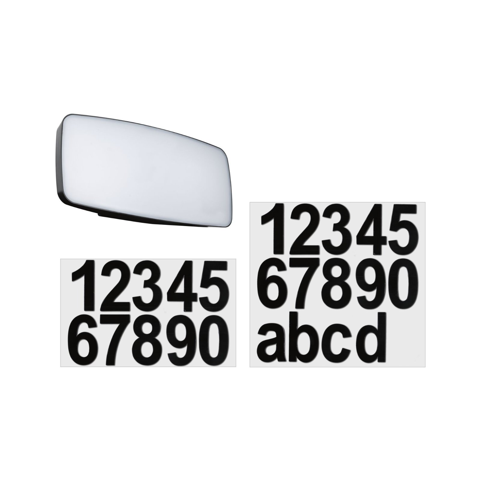 Naklejki z lustrem i numerami. Liczby i litery są czarne na białym tle.
