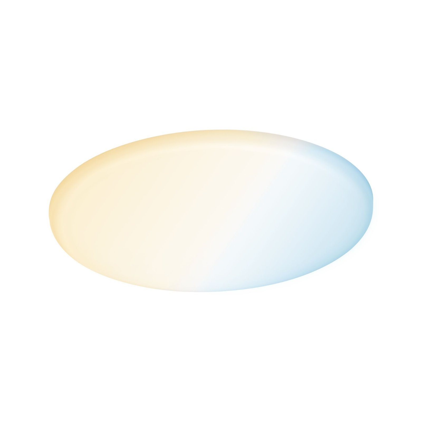 Un apparecchio di illuminazione piatto a forma ovale con un gradiente da giallo a blu.