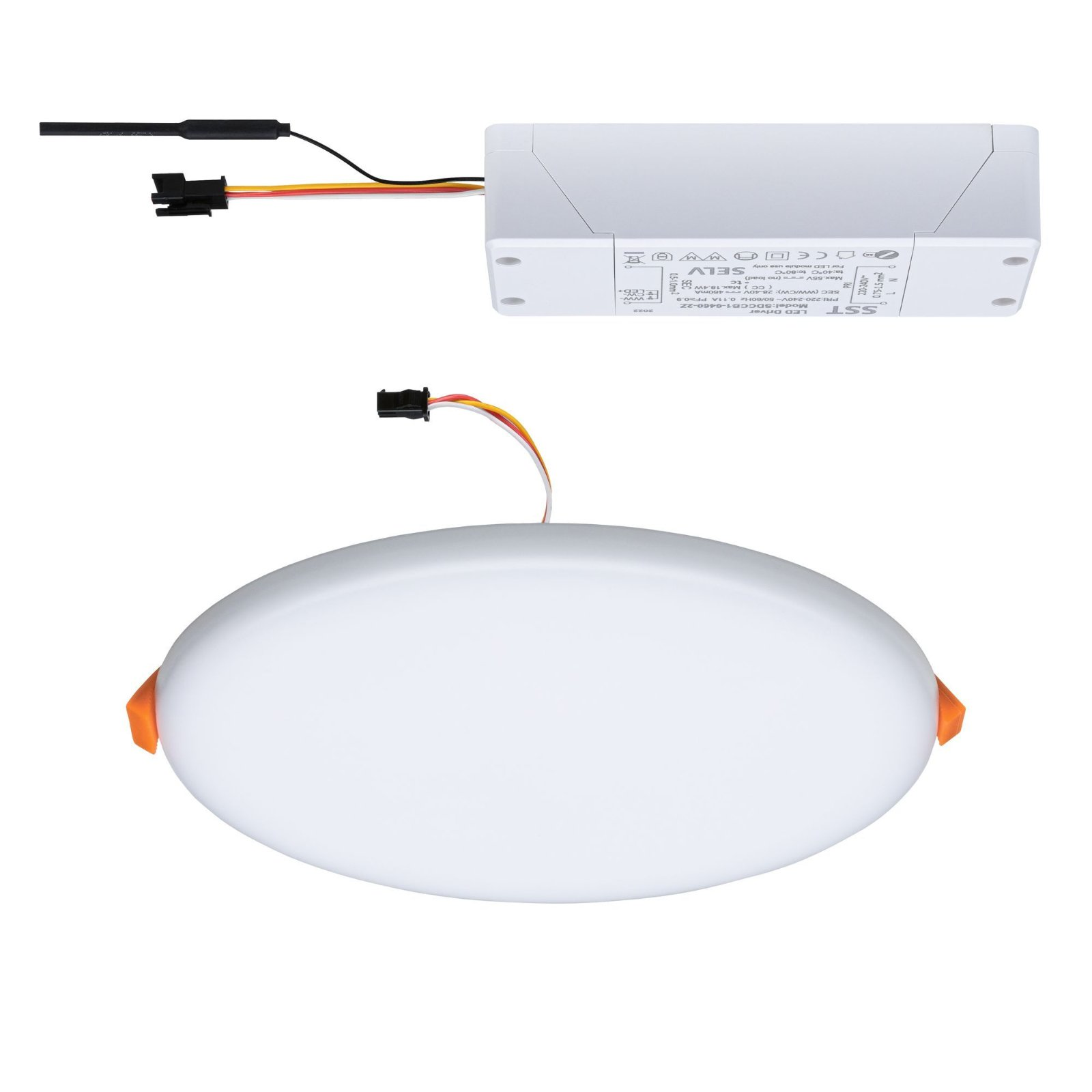Un apparecchio di illuminazione a soffitto rotondo bianco con un alimentatore separato. L'alimentatore è in alto.