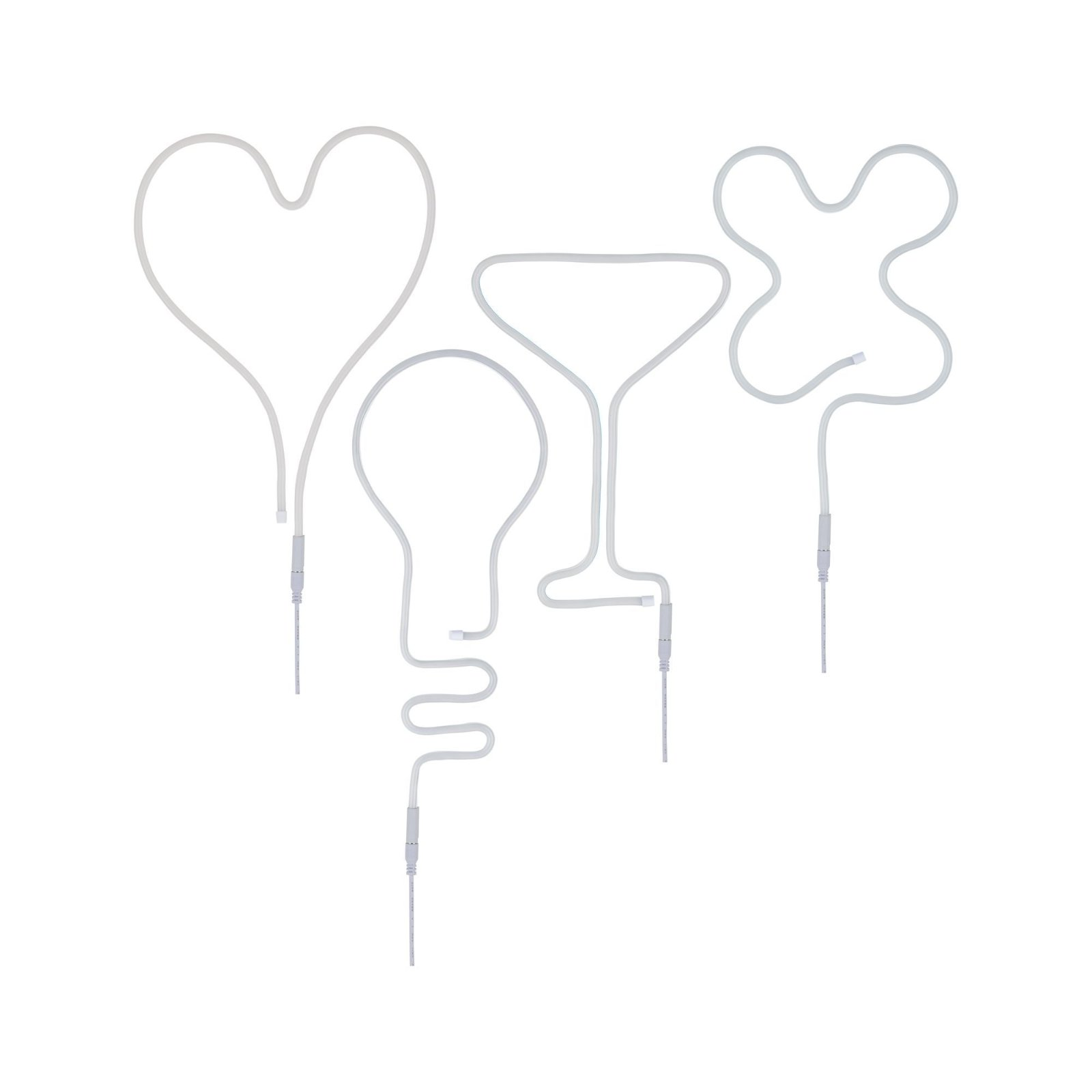 Białe kształty neonowe: serce, żarówka, kieliszek do martini i kształt gwiazdy, na białym tle.