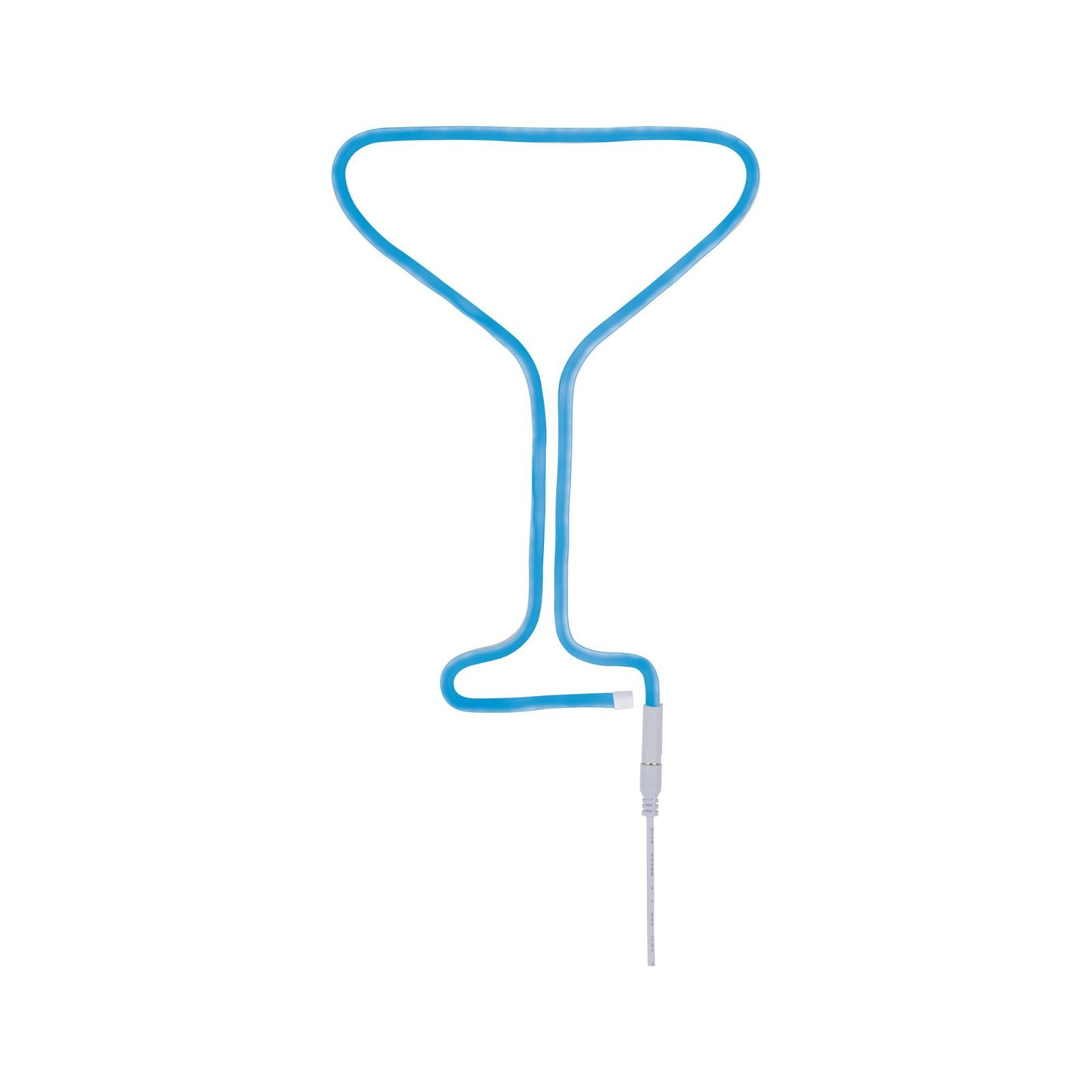 Niebieski neonowy kontur kieliszka do martini. Biały kabel z USB na dole.