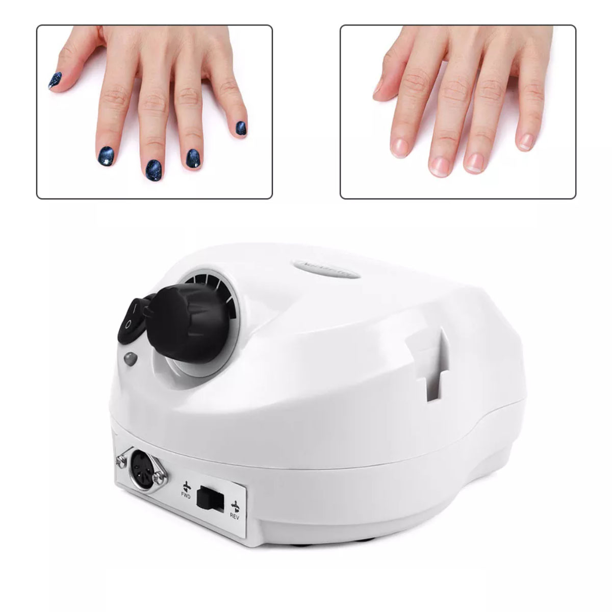 Una máquina de taladro de uñas y dos manos mostrando uñas, una con y otra sin esmalte.