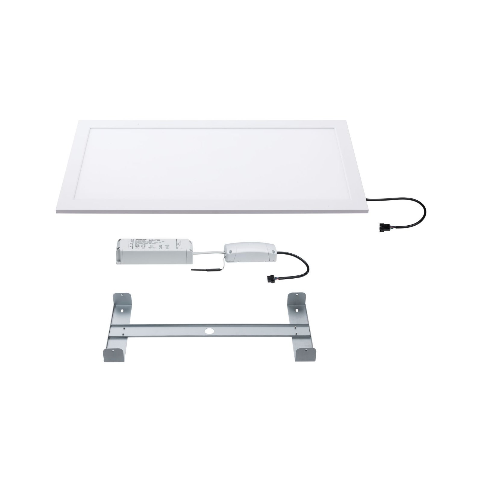 Biała prostokątna oprawa oświetleniowa, sterownik i wspornik montażowy. Wszystkie elementy są białe i srebrne.