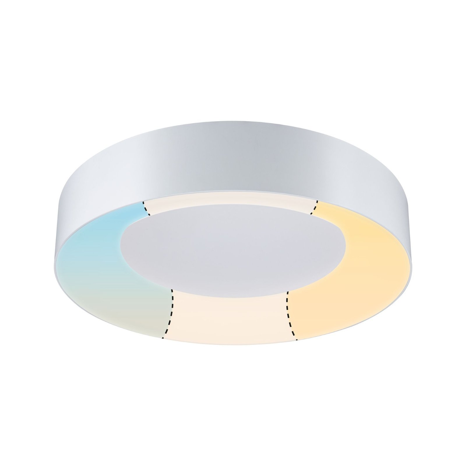 Lampada da soffitto bianca e circolare con sezioni di luce che cambiano colore.